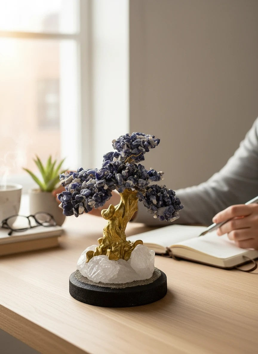 Crystal Fairy Patch sodalite bonsai tree with blue crystal leaves, golden trunk, and quartz base on a desk for home decor.