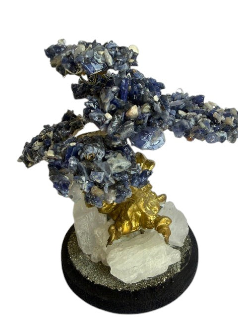 Crystal Fairy Patch Sodalite bonsai tree with blue crystal leaves, golden trunk, and a quartz and pyrite-coated base.