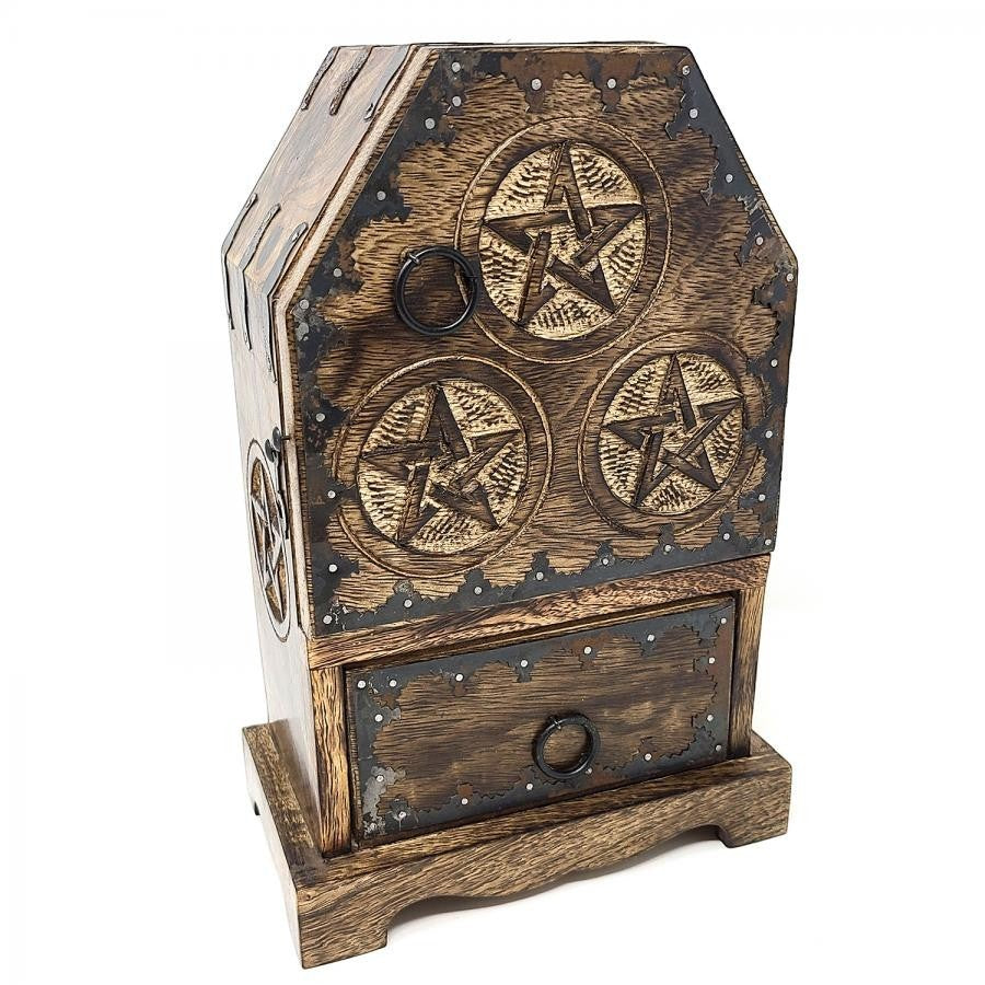 Crystal Fairy Patch decorative wooden storage chest with pentagram carvings, hinged lid, and pull-out drawer in rustic dark wood.