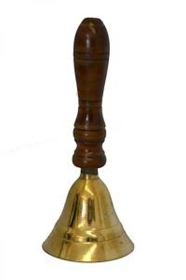 Crystal Fairy Patch 5.5-inch brass ritual bell with a polished gold finish and a turned dark wooden handle.
