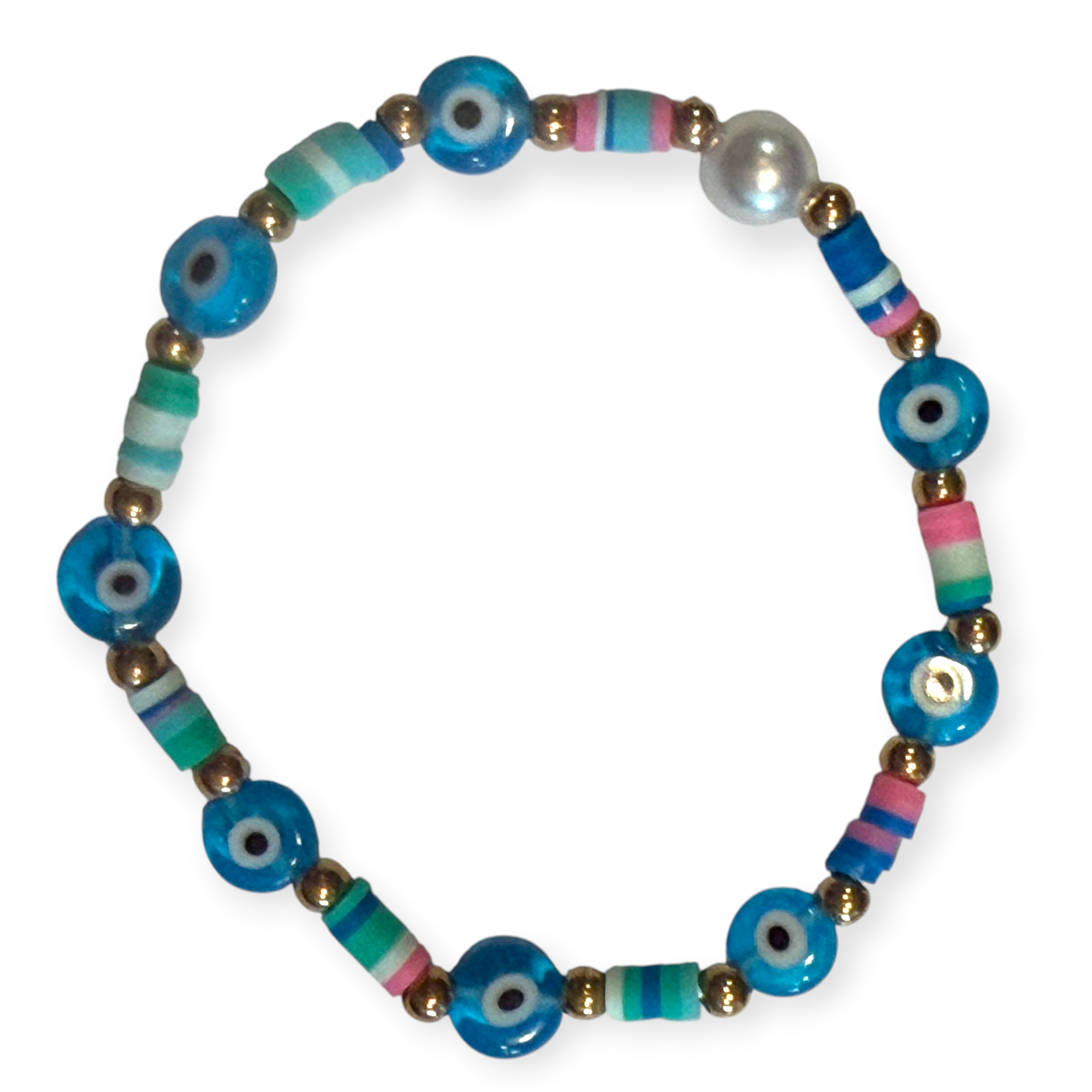 Light Blue Clay w/Pearl 4mm Evil Eye Bracelet