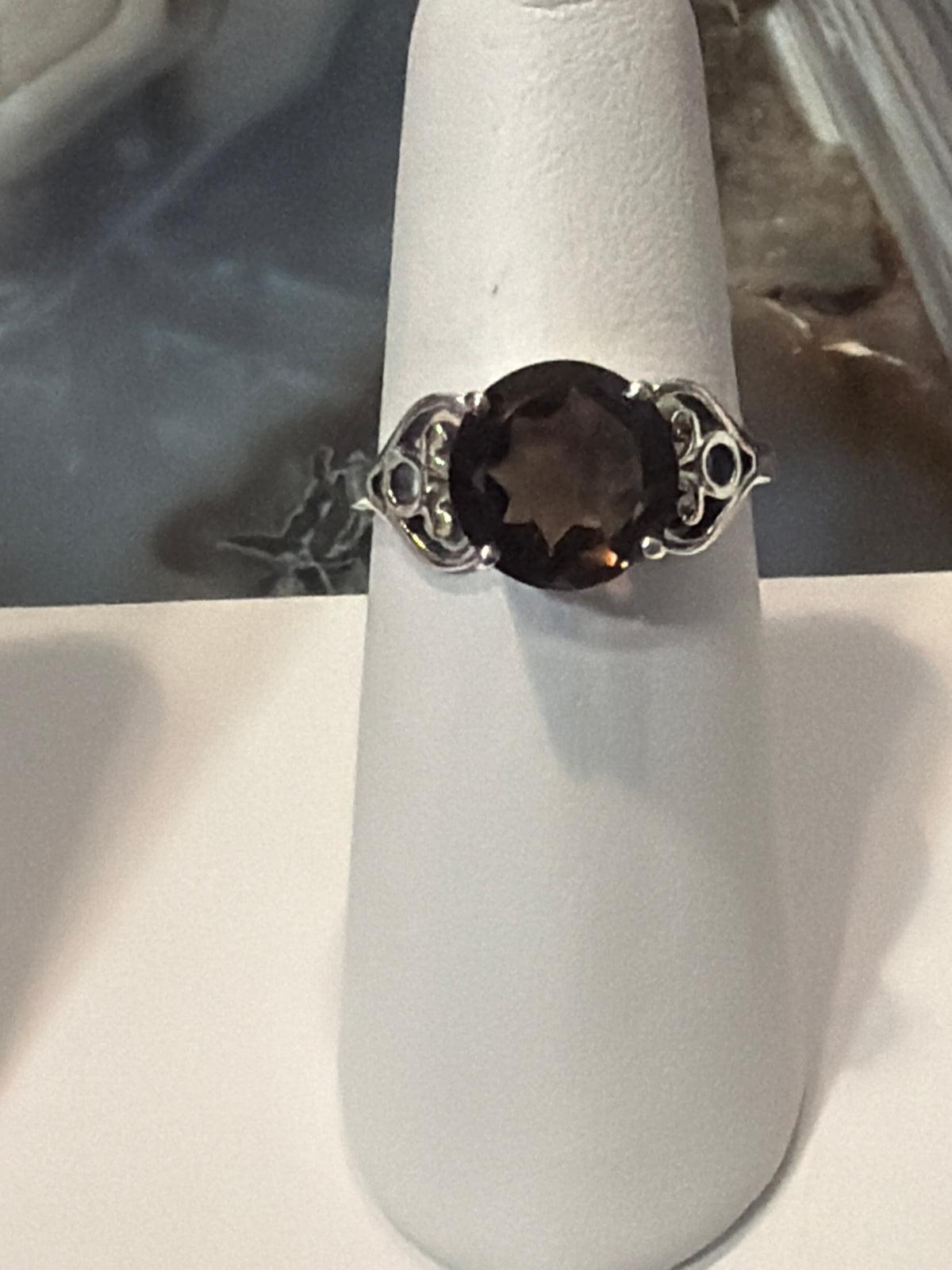 Smokey Quartz Raised Round with Heart Sterling Silver Ring