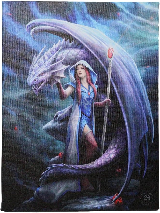 Dragon Mage Sorceress Picture Canvas Framed Wall Art Wall Plaque - Anne Stokes - 7.5" W x 9.85"