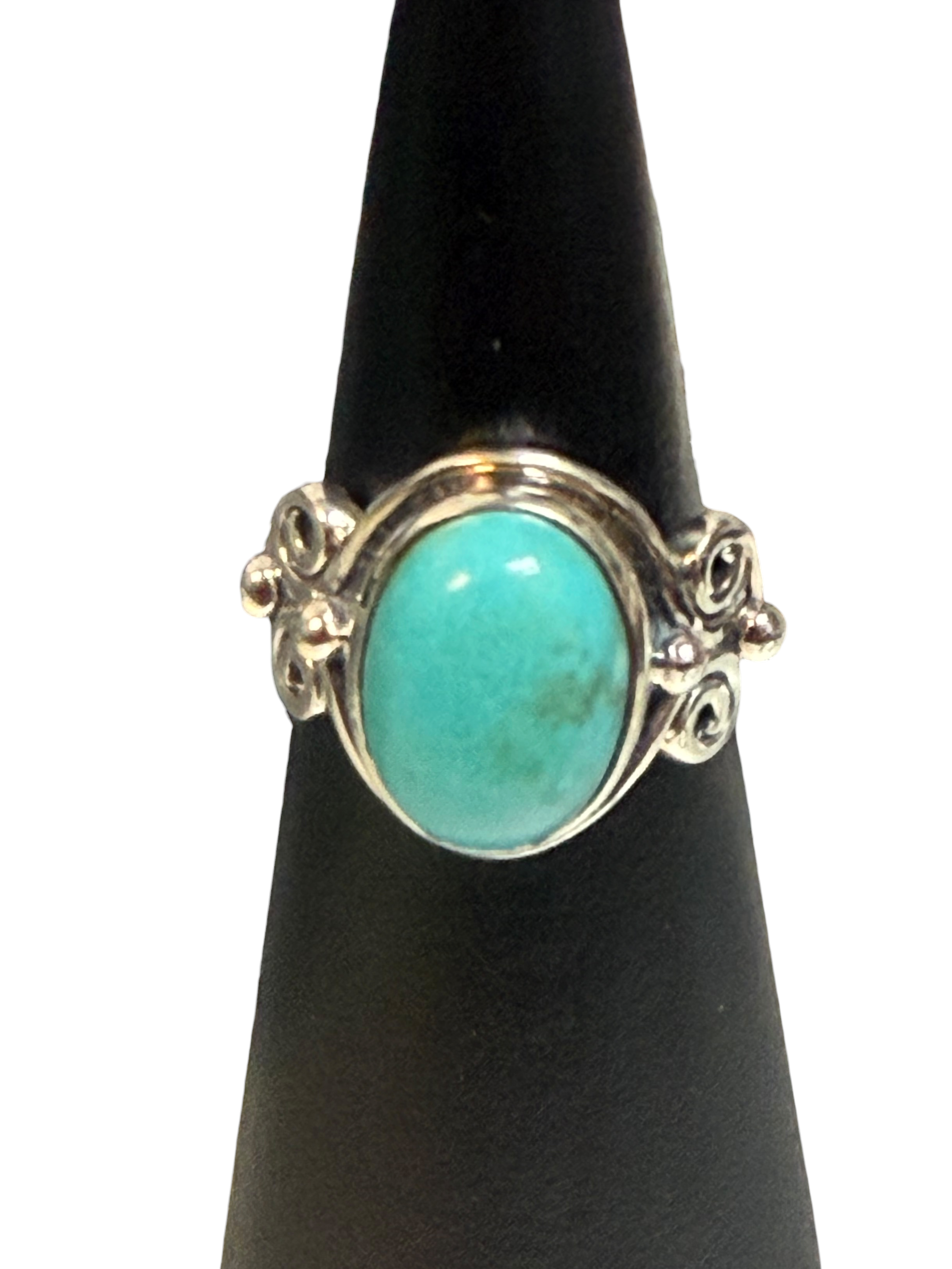Mexican Turquoise Oval with Spirals Sterling Silver Ring