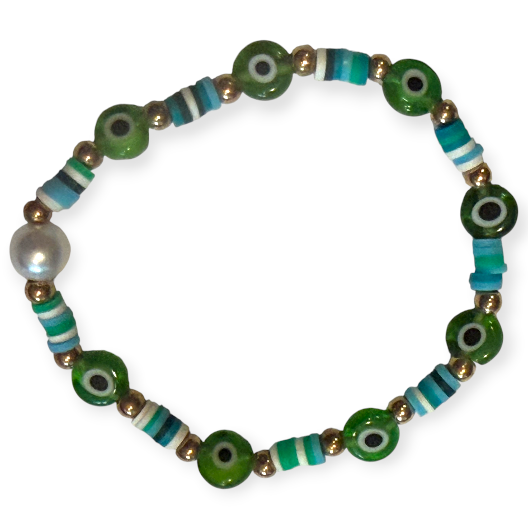 Green Clay w/Pearl 4mm Evil Eye Bracelet