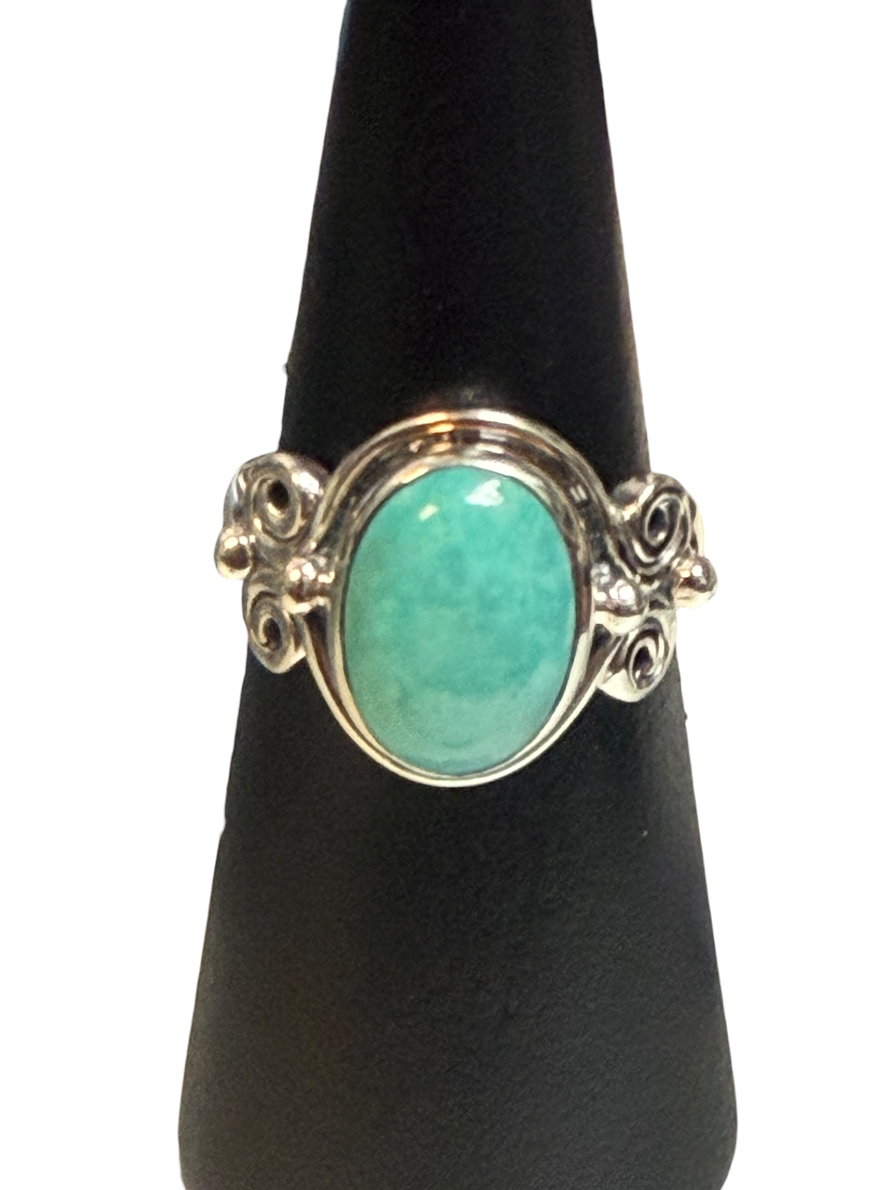 Mexican Turquoise Oval with Spirals Sterling Silver Ring