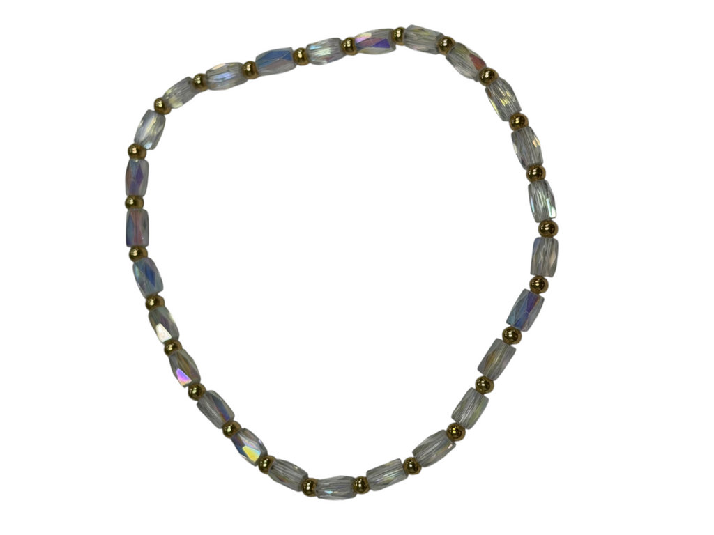 Mini Clear Iridescent Glass with Gold Tone Beaded Bracelet