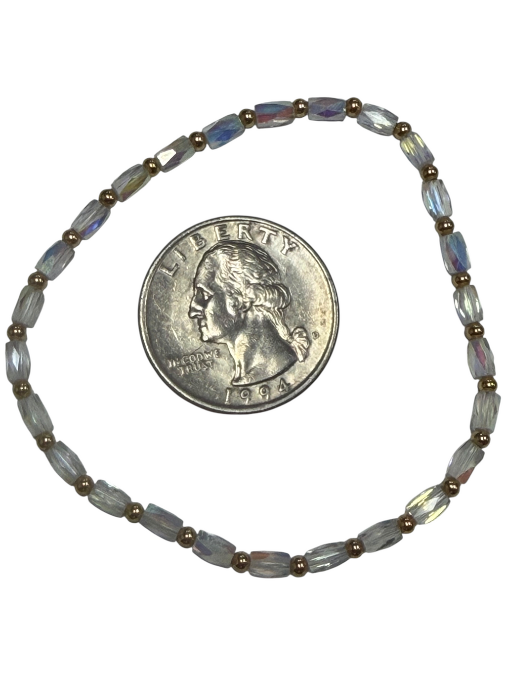 Mini Clear Iridescent Glass with Gold Tone Beaded Bracelet