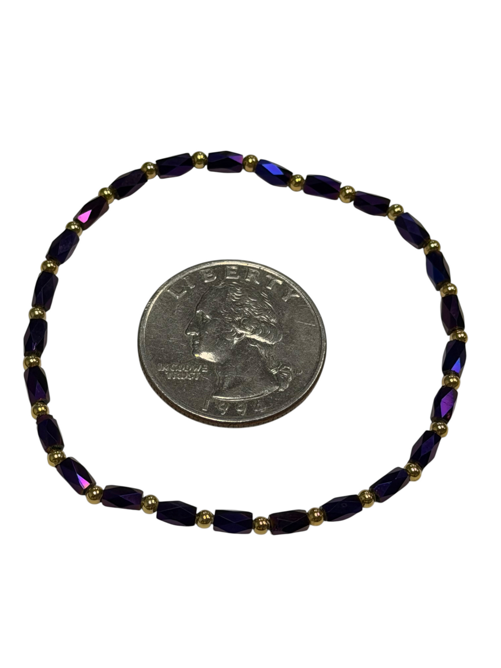 Mini Deep Purple Iridescent Glass with Gold Tone Beaded Bracelet
