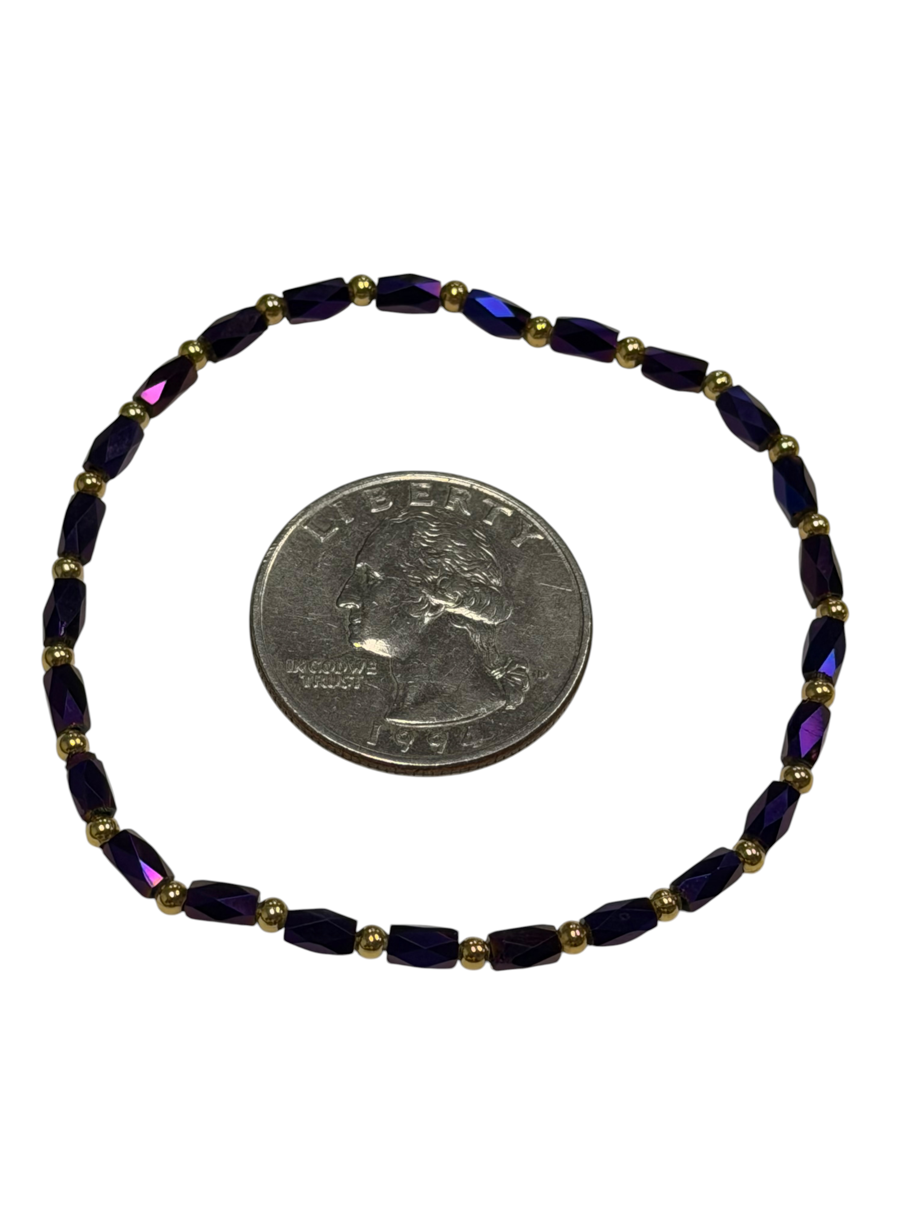 Mini Deep Purple Iridescent Glass with Gold Tone Beaded Bracelet
