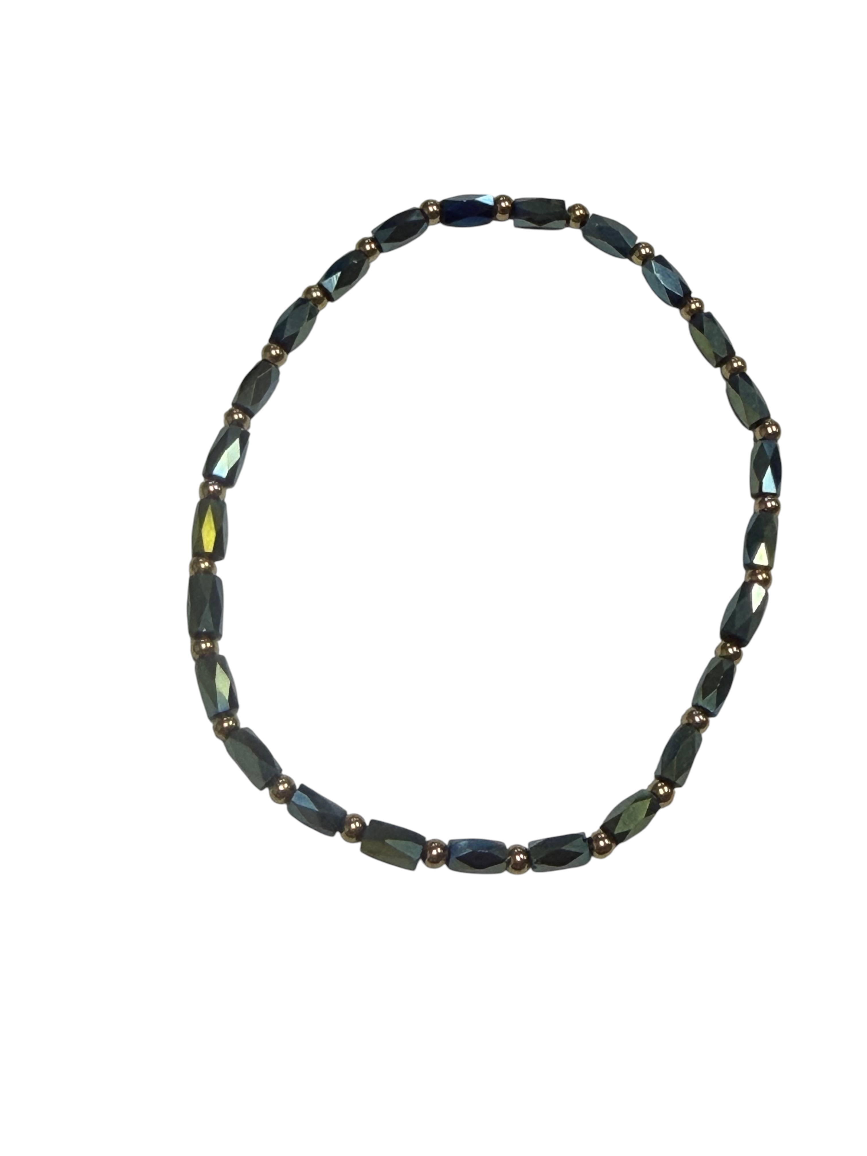 Mini Deep Blue Green Iridescent Glass with Gold Tone Beaded Bracelet