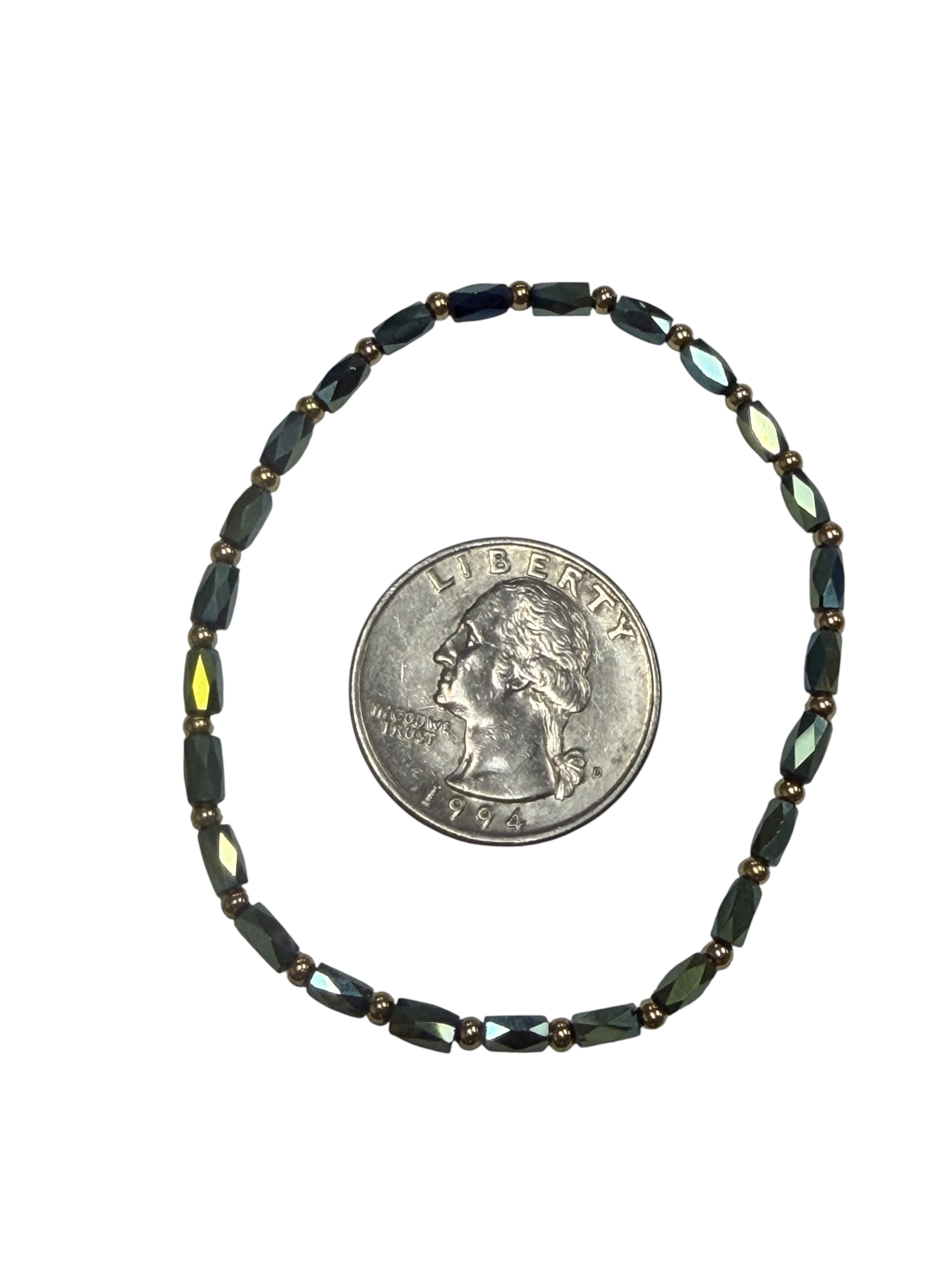 Mini Deep Blue Green Iridescent Glass with Gold Tone Beaded Bracelet