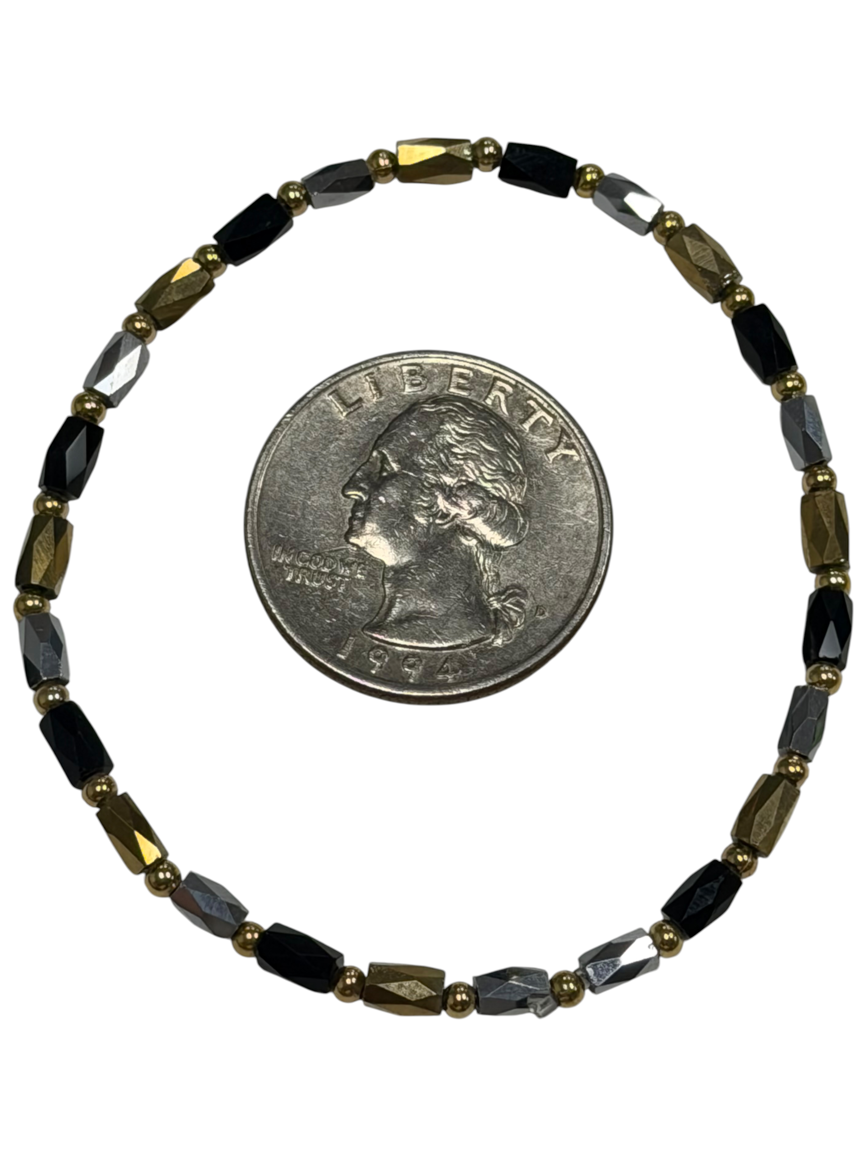 Mini Black, Gold, and Silver Glass with Gold Tone Bead Bracelet