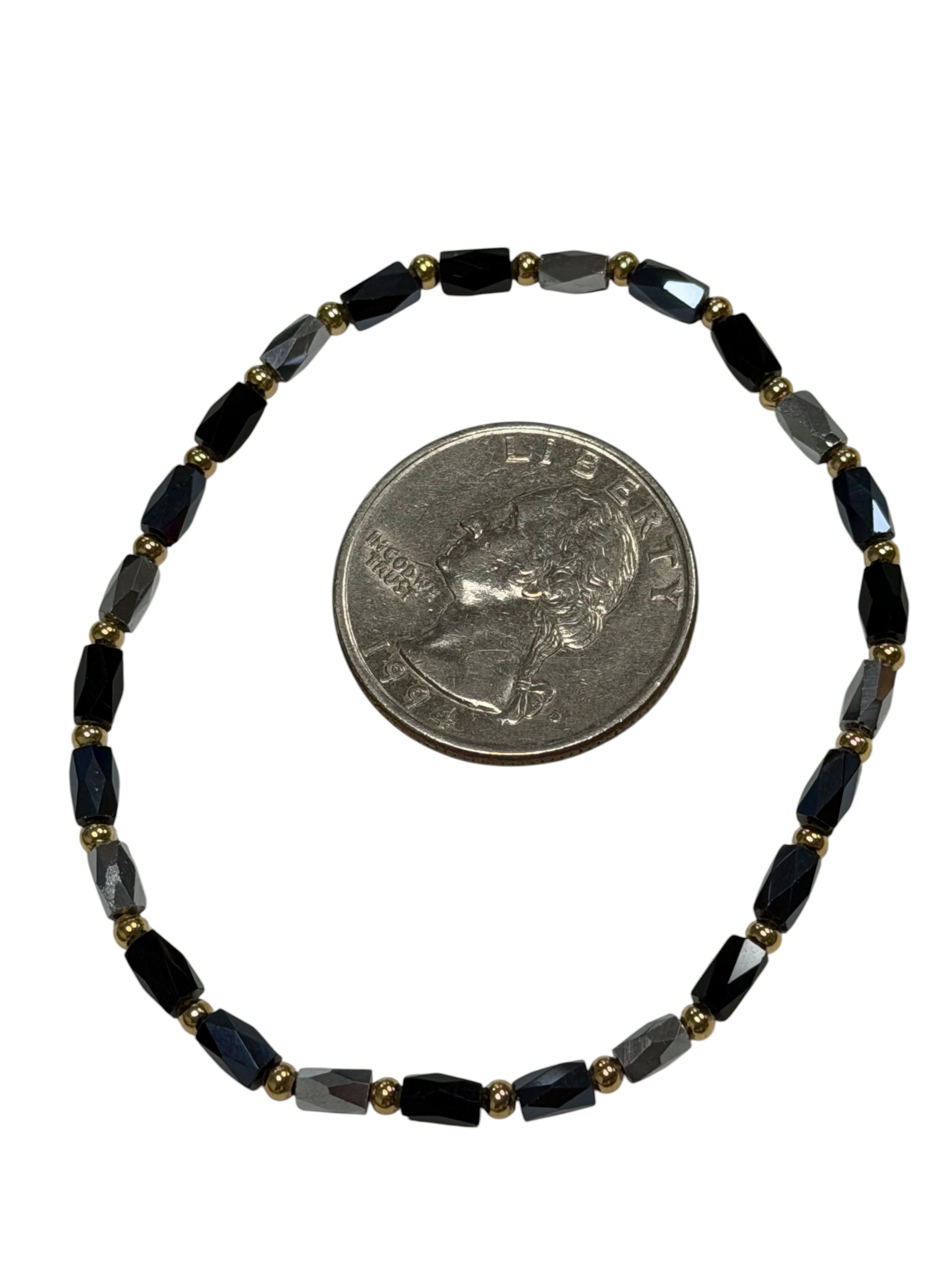 Mini Black Glass with Gold Tone Bead Bracelet