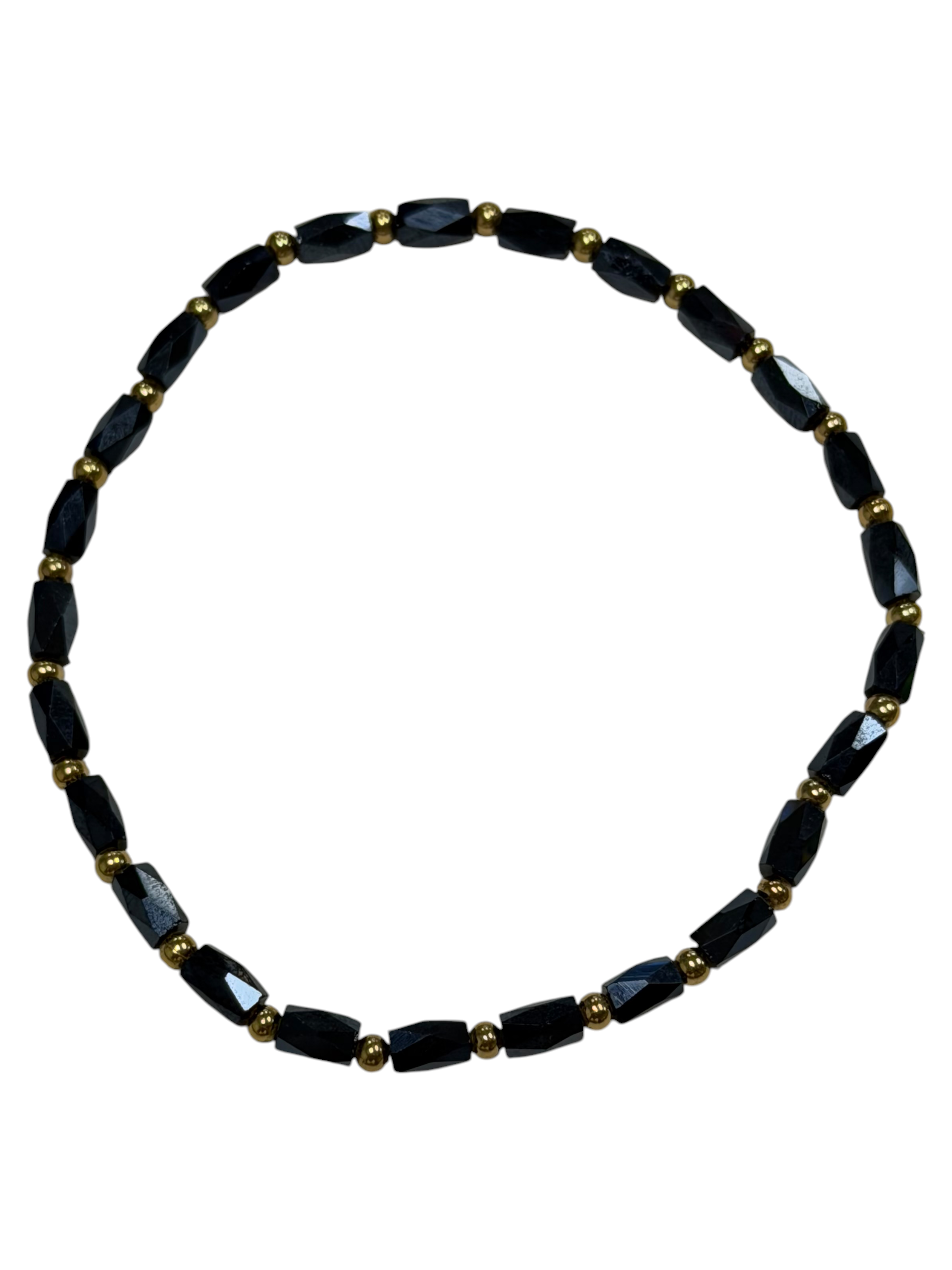 Mini Black/Dark Blue Iridescent Glass with Gold Tone Bead Bracelet