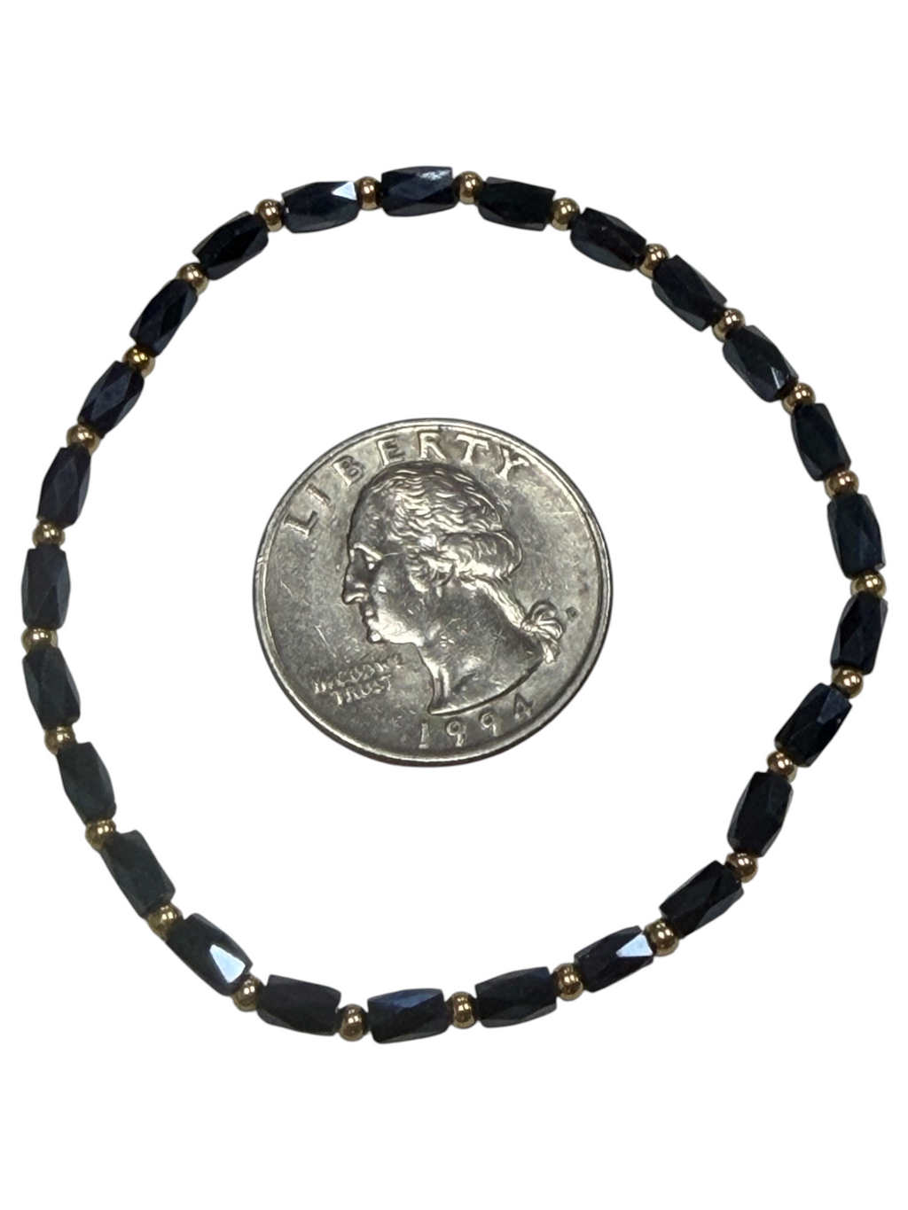 Mini Black/Dark Blue Iridescent Glass with Gold Tone Bead Bracelet