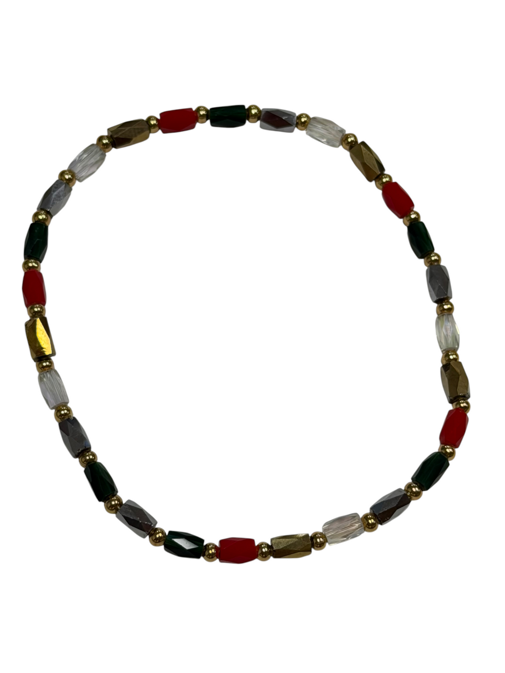 Mini Red, Green, Gold, Silver Glass with Gold Tone Bead Bracelet