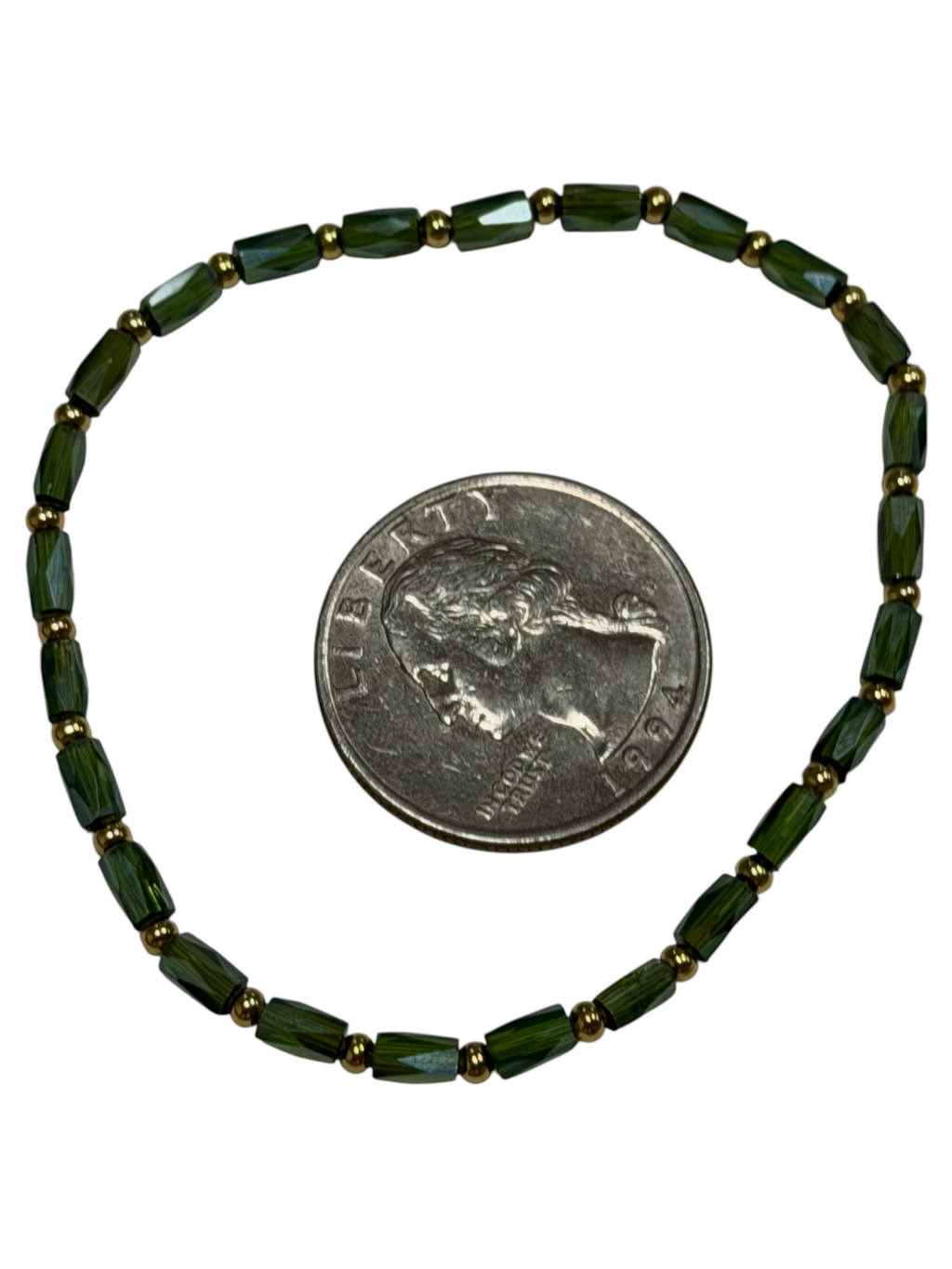 Mini Olive Green Glass with Gold Tone Bead Bracelet