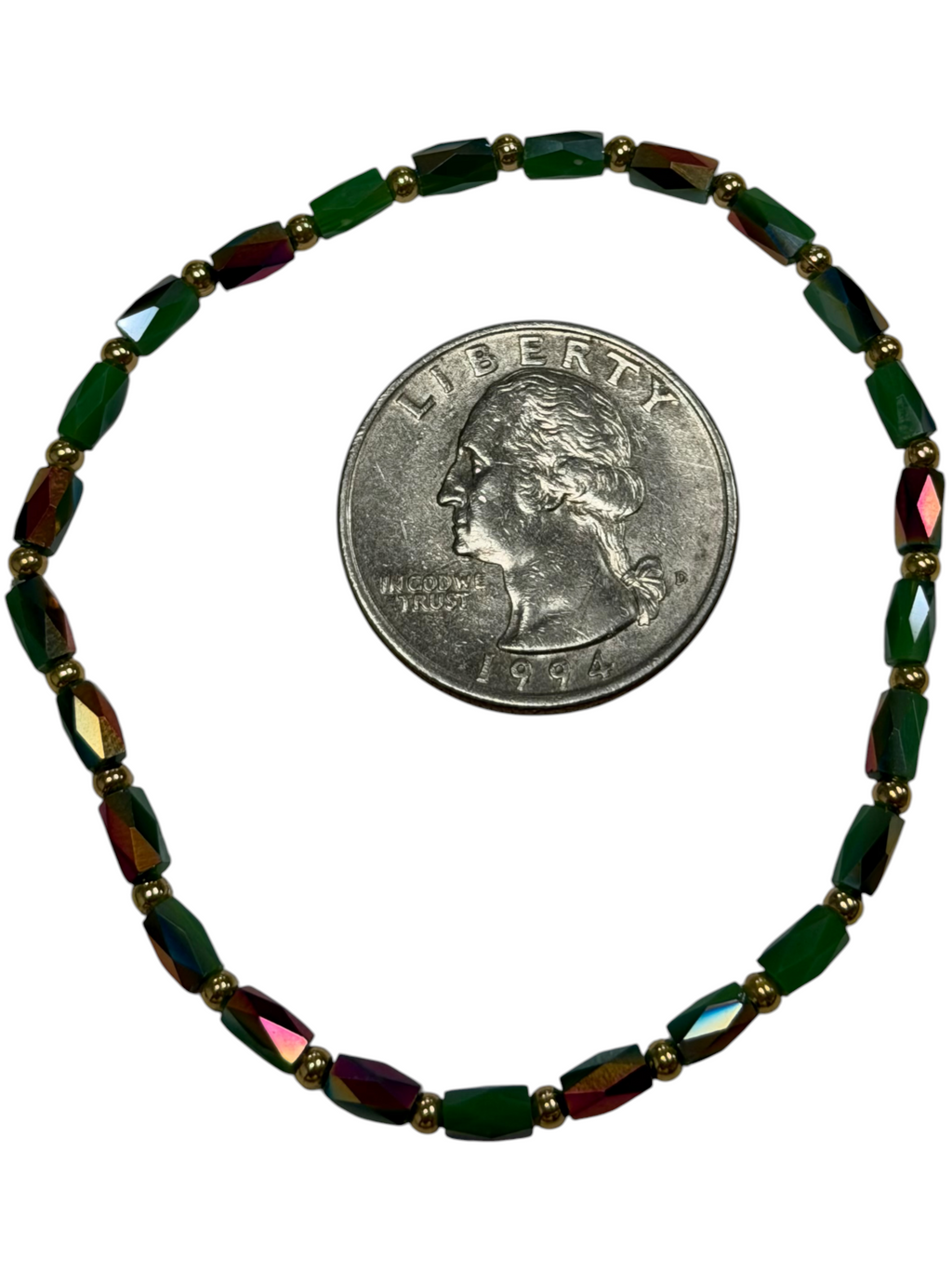 Mini Green and Burgundy Iridescent Glass with Gold Tone Bead Bracelet