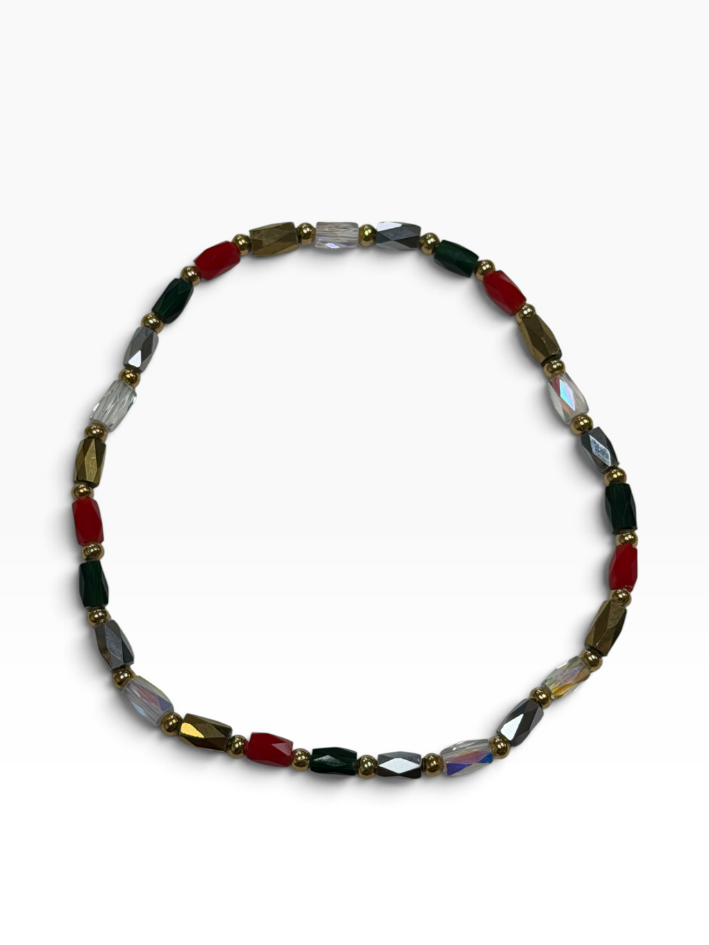 Mini Green, Silver & Gold Glass with Gold Tone Bead Bracelet