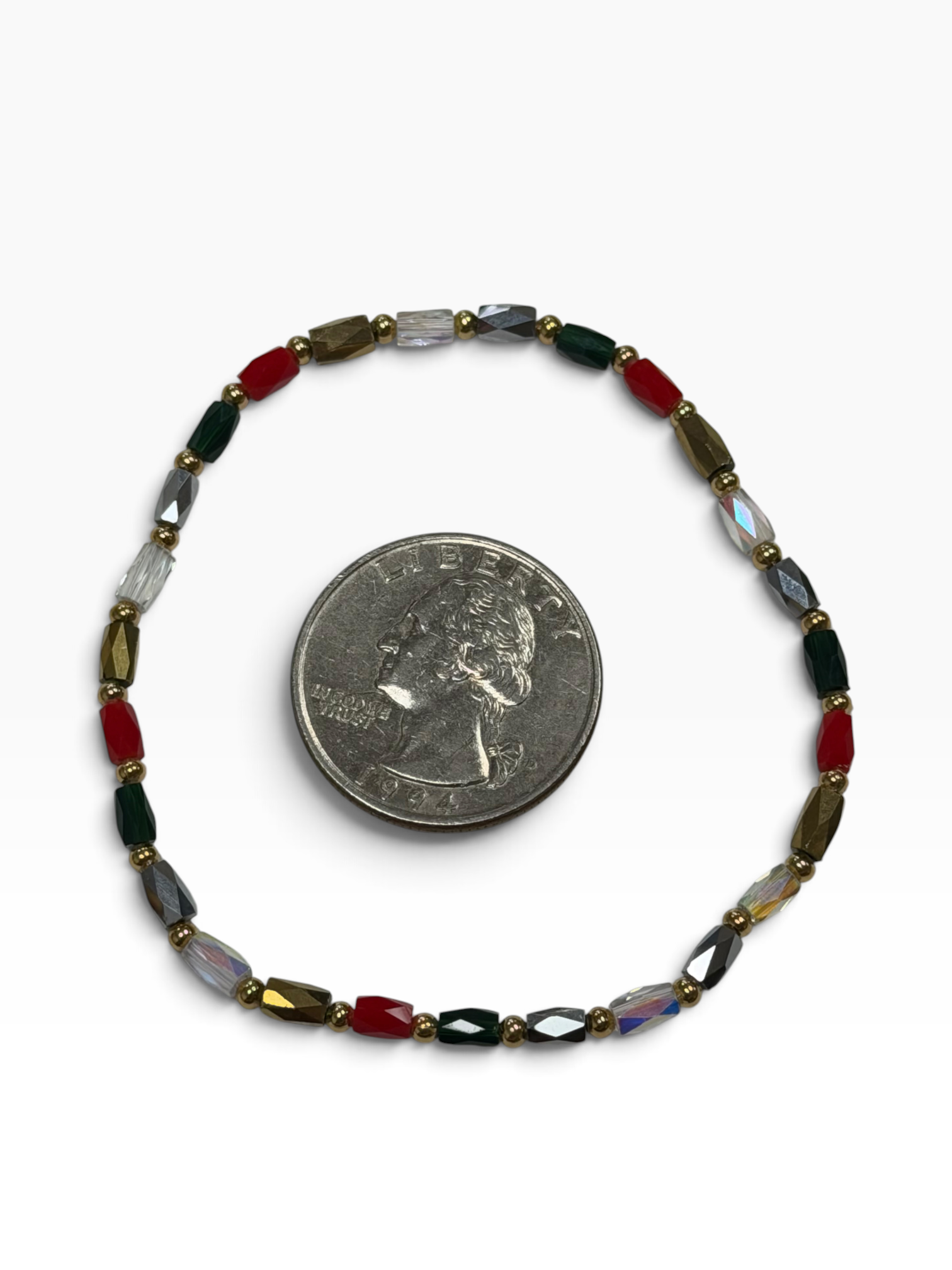 Mini Green, Silver & Gold Glass with Gold Tone Bead Bracelet
