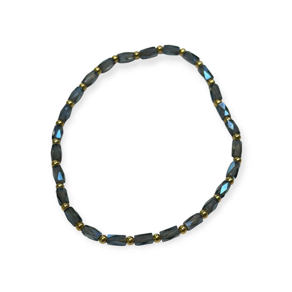 Mini Smoky Blue Glass with Gold Tone Bead Bracelet