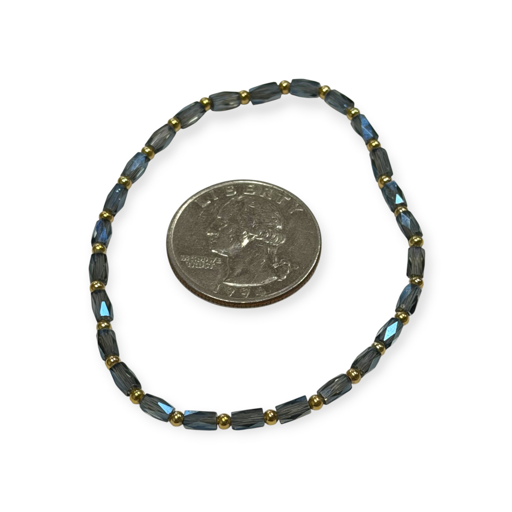 Mini Smoky Blue Glass with Gold Tone Bead Bracelet