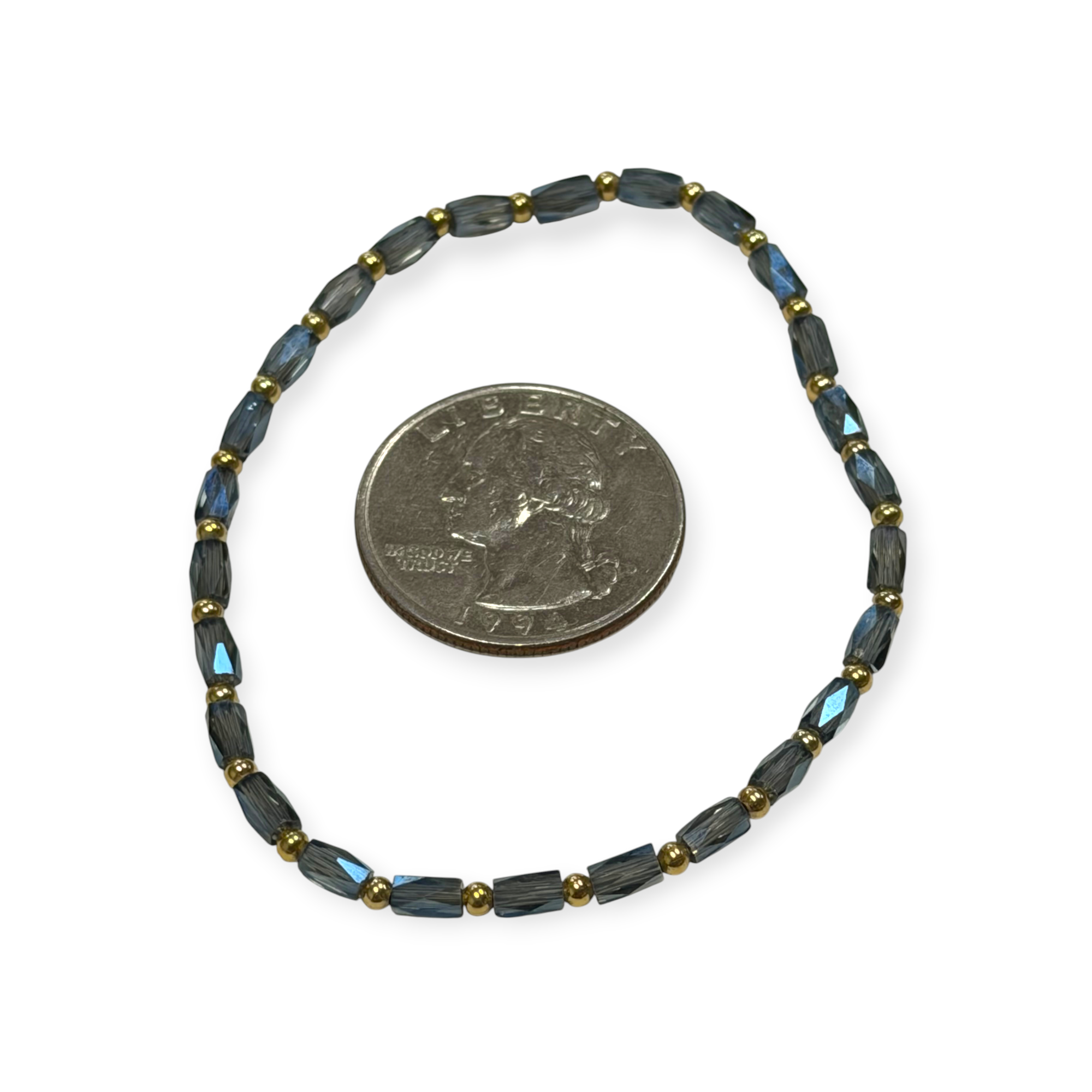 Mini Smoky Blue Glass with Gold Tone Bead Bracelet