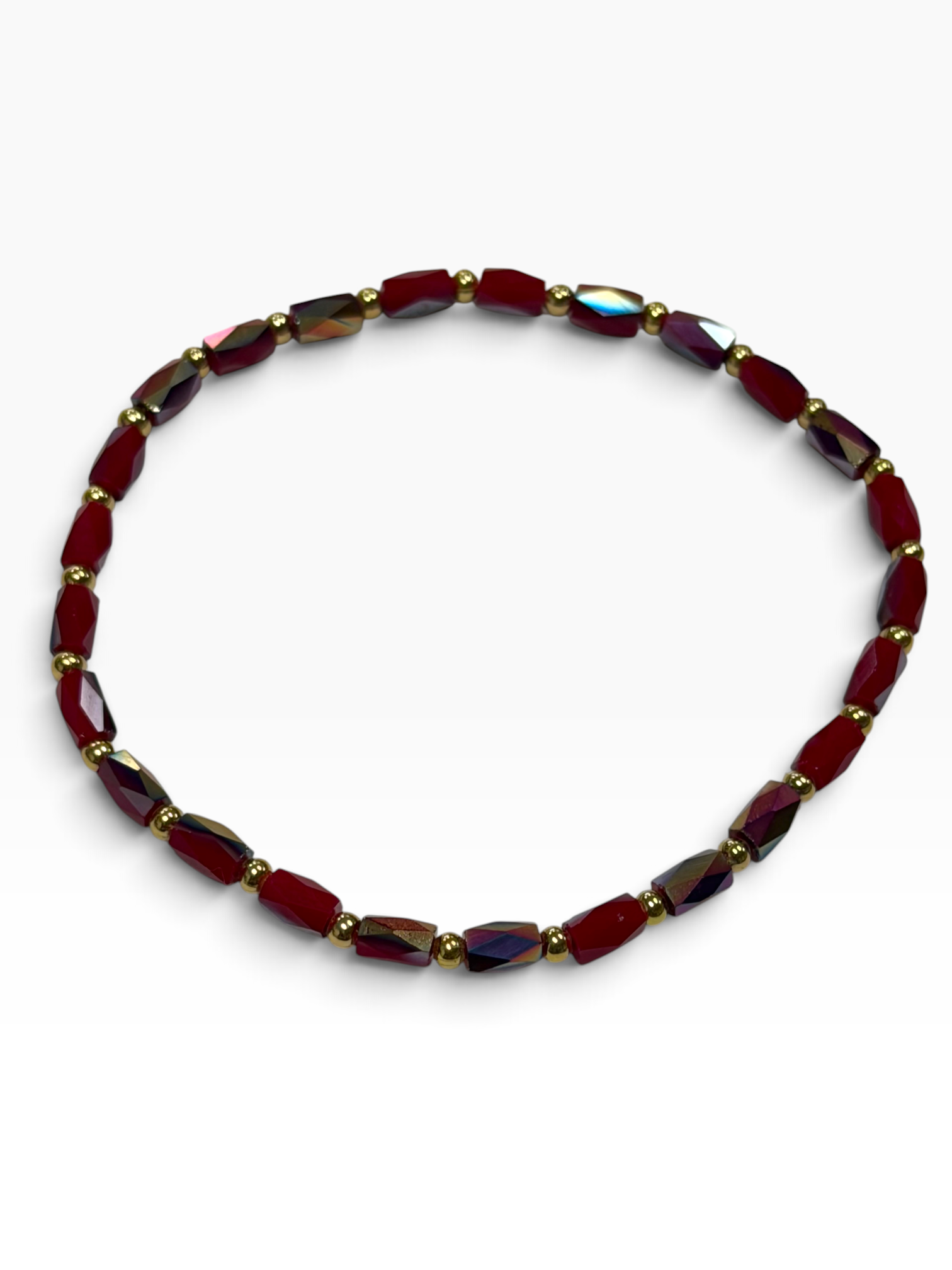Mini Red & Iridescent Glass with Gold Tone Bead Bracelet