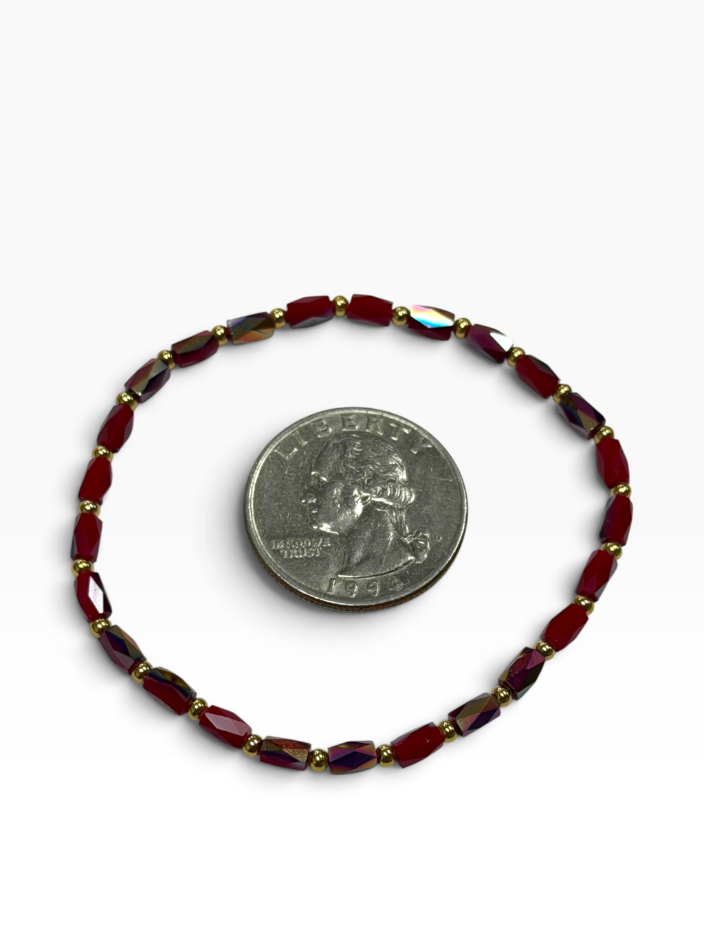 Mini Red & Iridescent Glass with Gold Tone Bead Bracelet