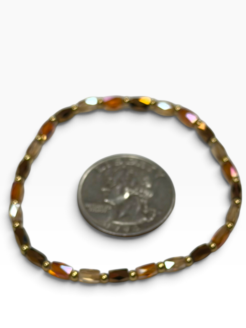 Mini Amber/Peach/Brown Glass with Gold Tone Bead Bracelet