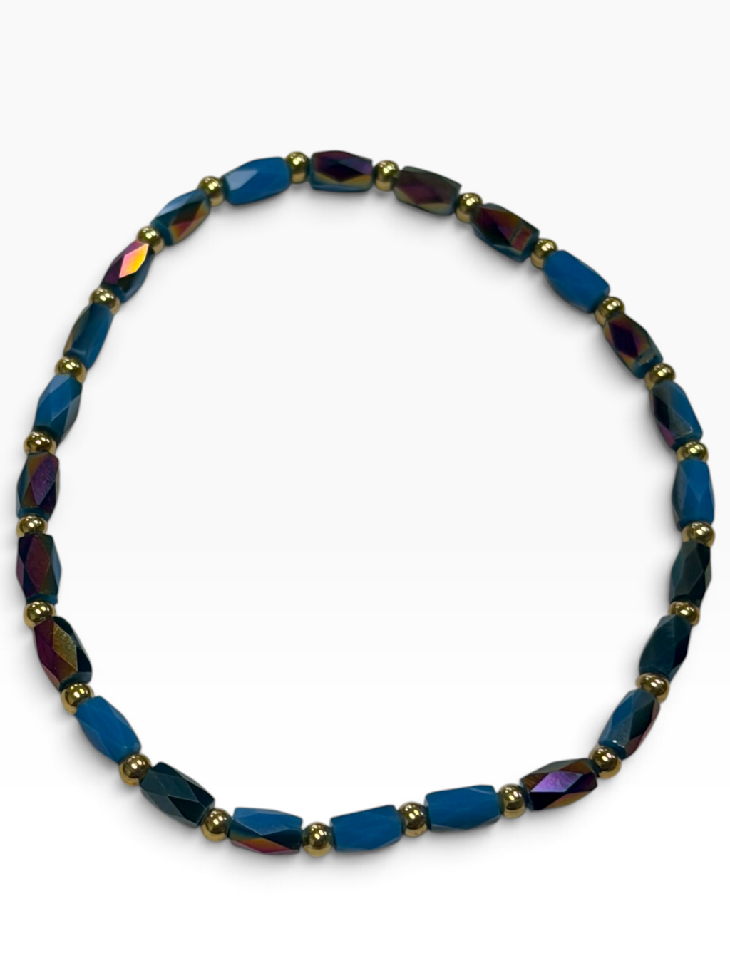 Mini Blue & Iridescent Glass with Gold Tone Bead Bracelet