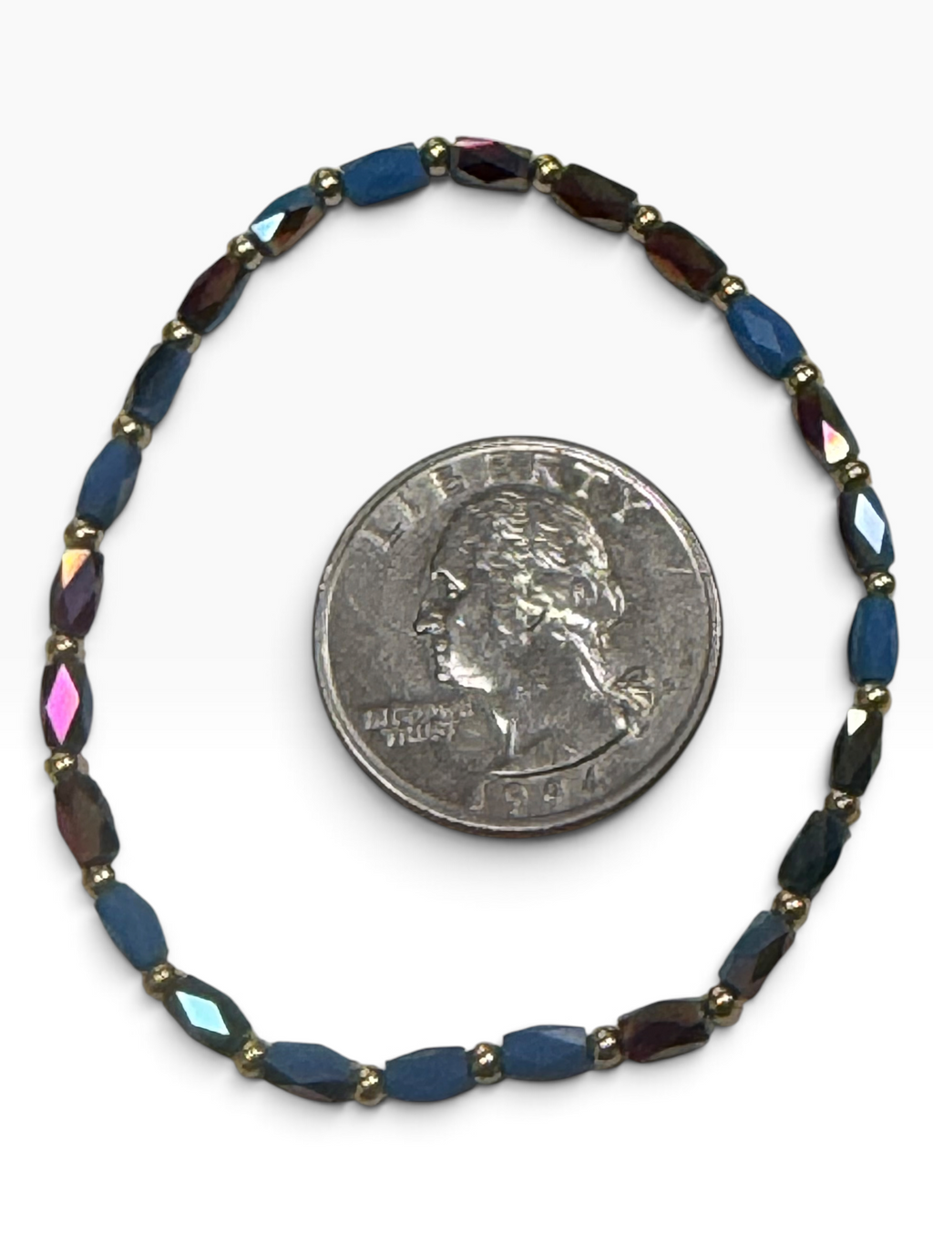 Mini Blue & Iridescent Glass with Gold Tone Bead Bracelet