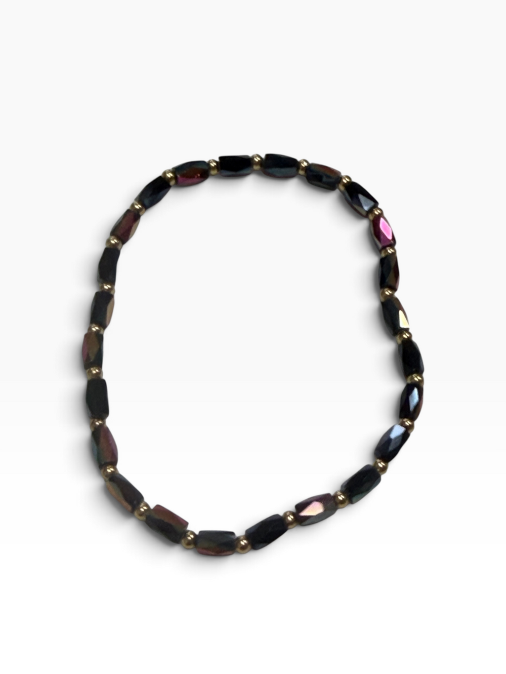 Mini Blue/Purple Iridescent Glass with Gold Tone Bead Bracelet
