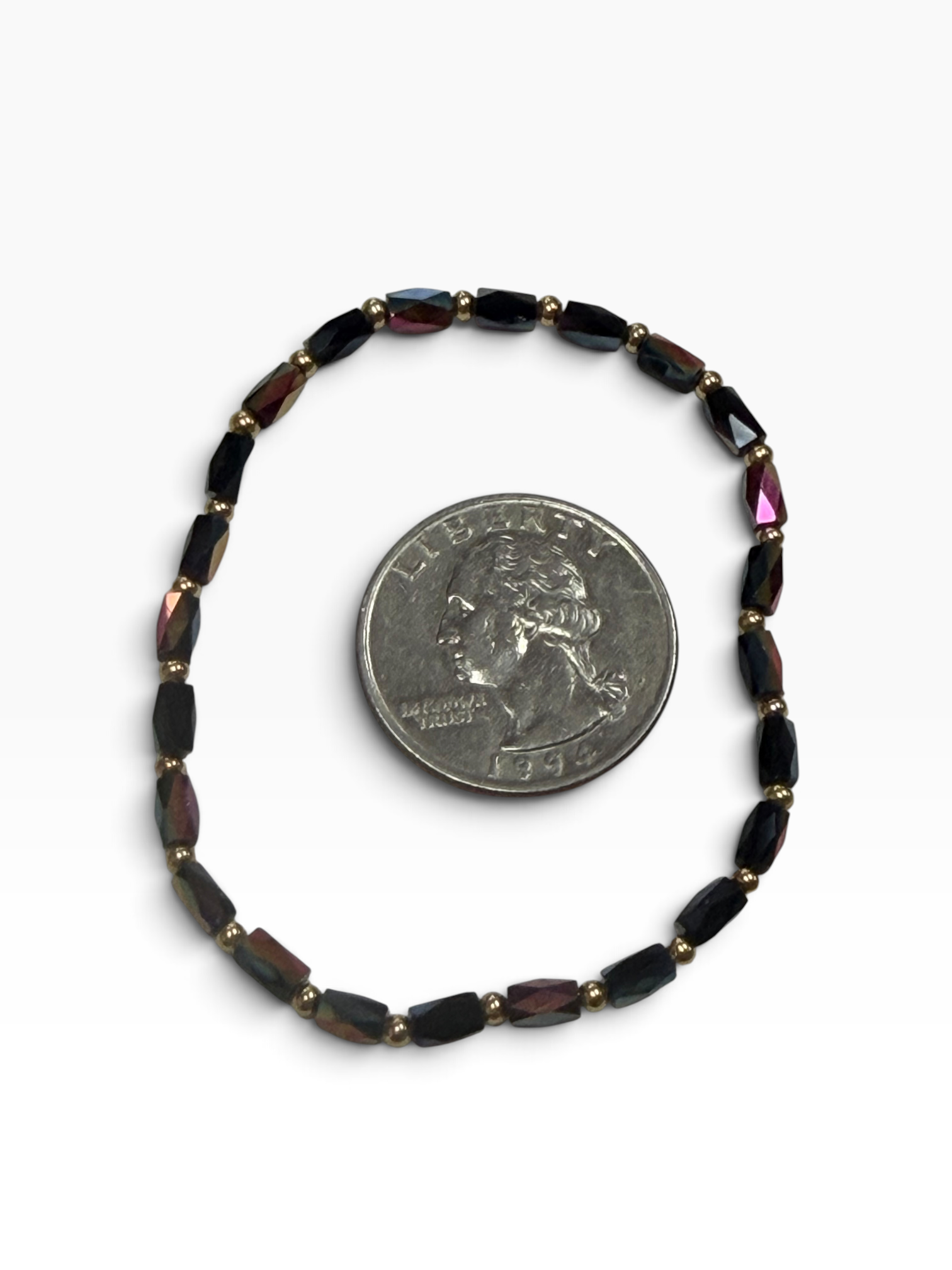 Mini Blue/Purple Iridescent Glass with Gold Tone Bead Bracelet