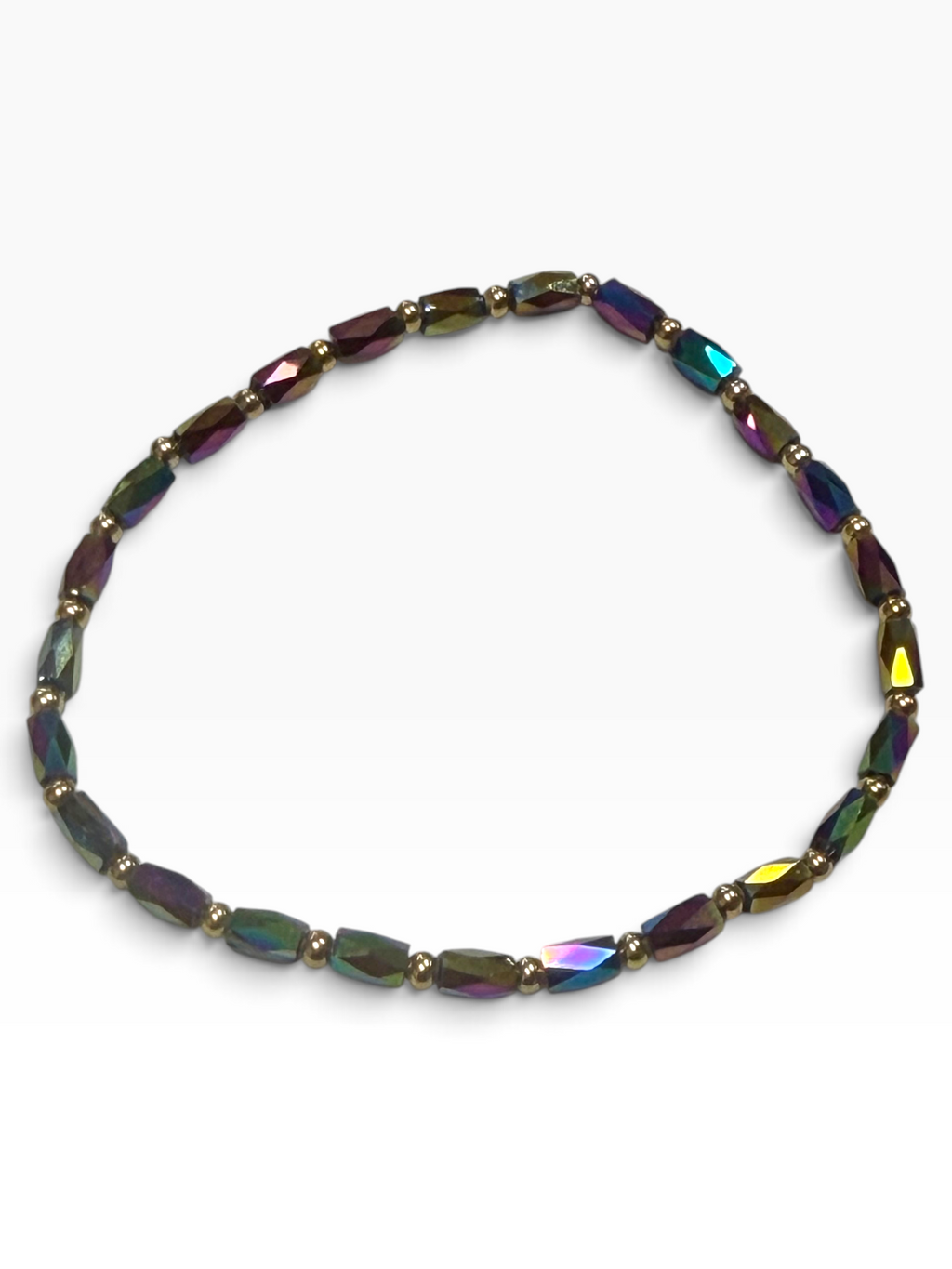 Mini Rainbow Iridescent Glass with Gold Tone Bead Bracelet
