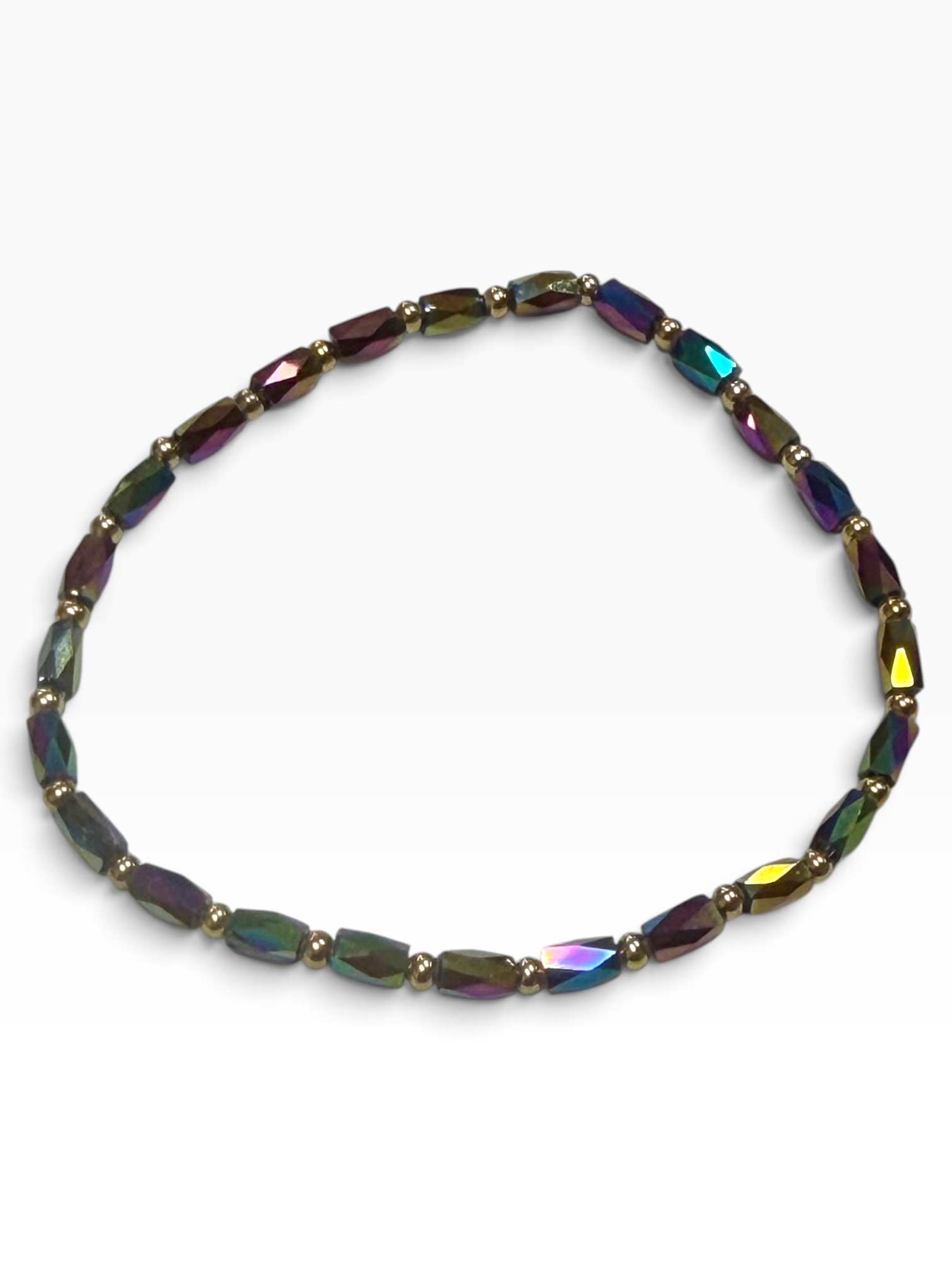 Mini Rainbow Iridescent Glass with Gold Tone Bead Bracelet