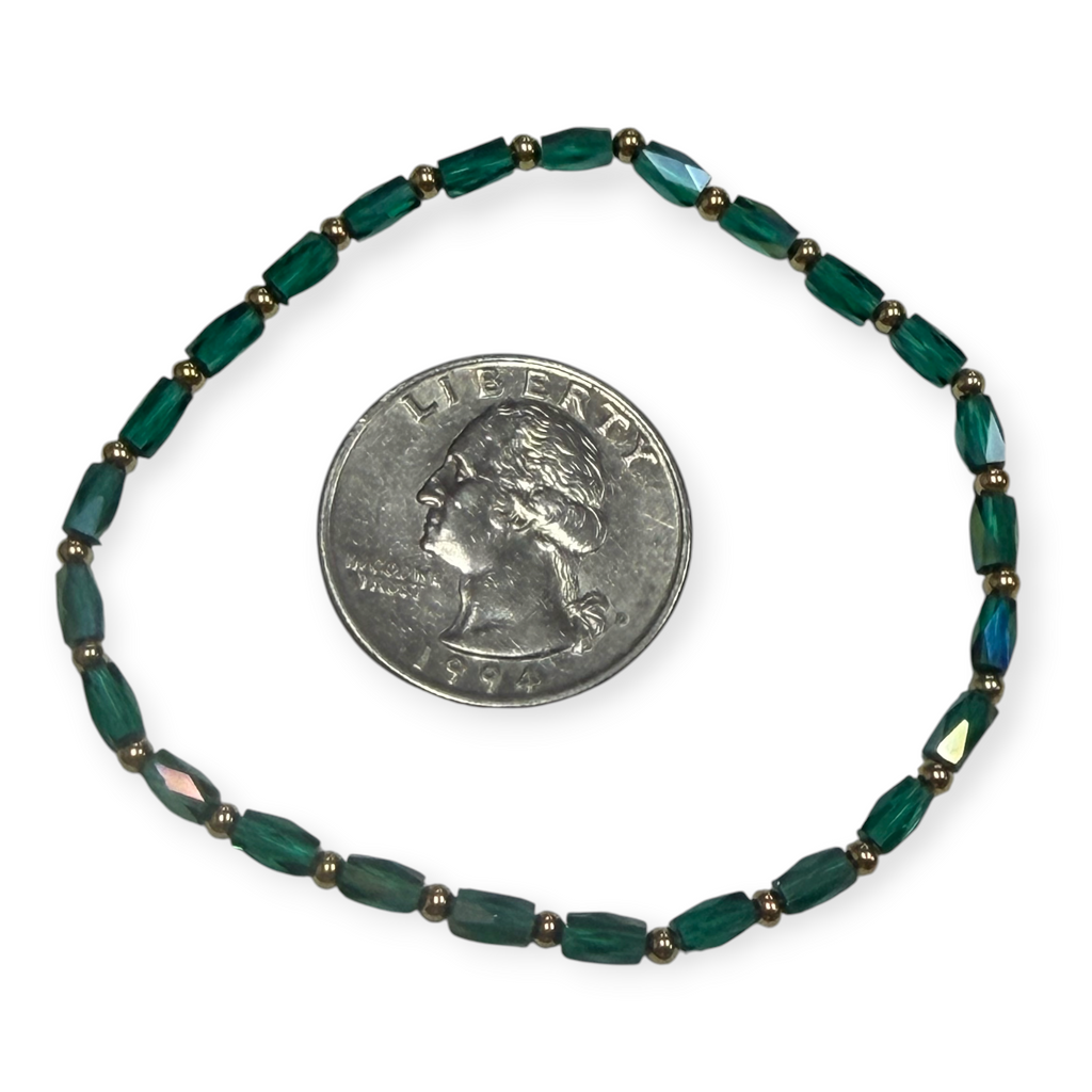 Mini Emerald Green Iridescent Glass with Gold Tone Bead Bracelet