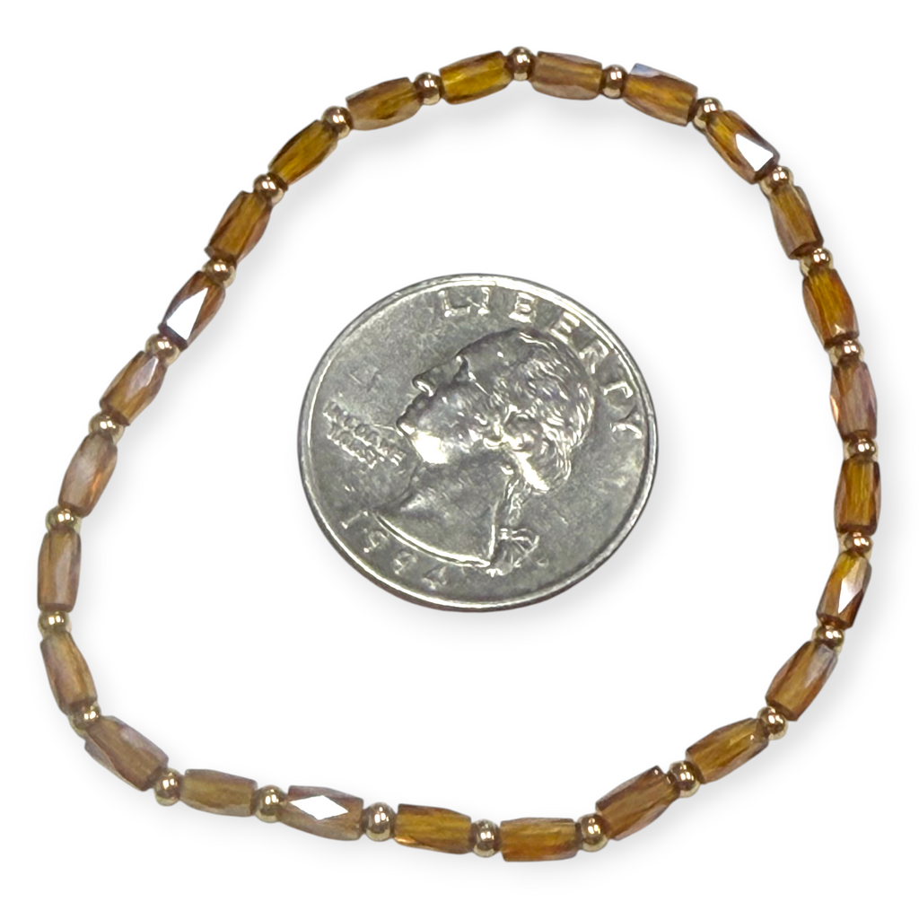 Mini Amber Tone Glass with Gold Tone Bead Bracelet
