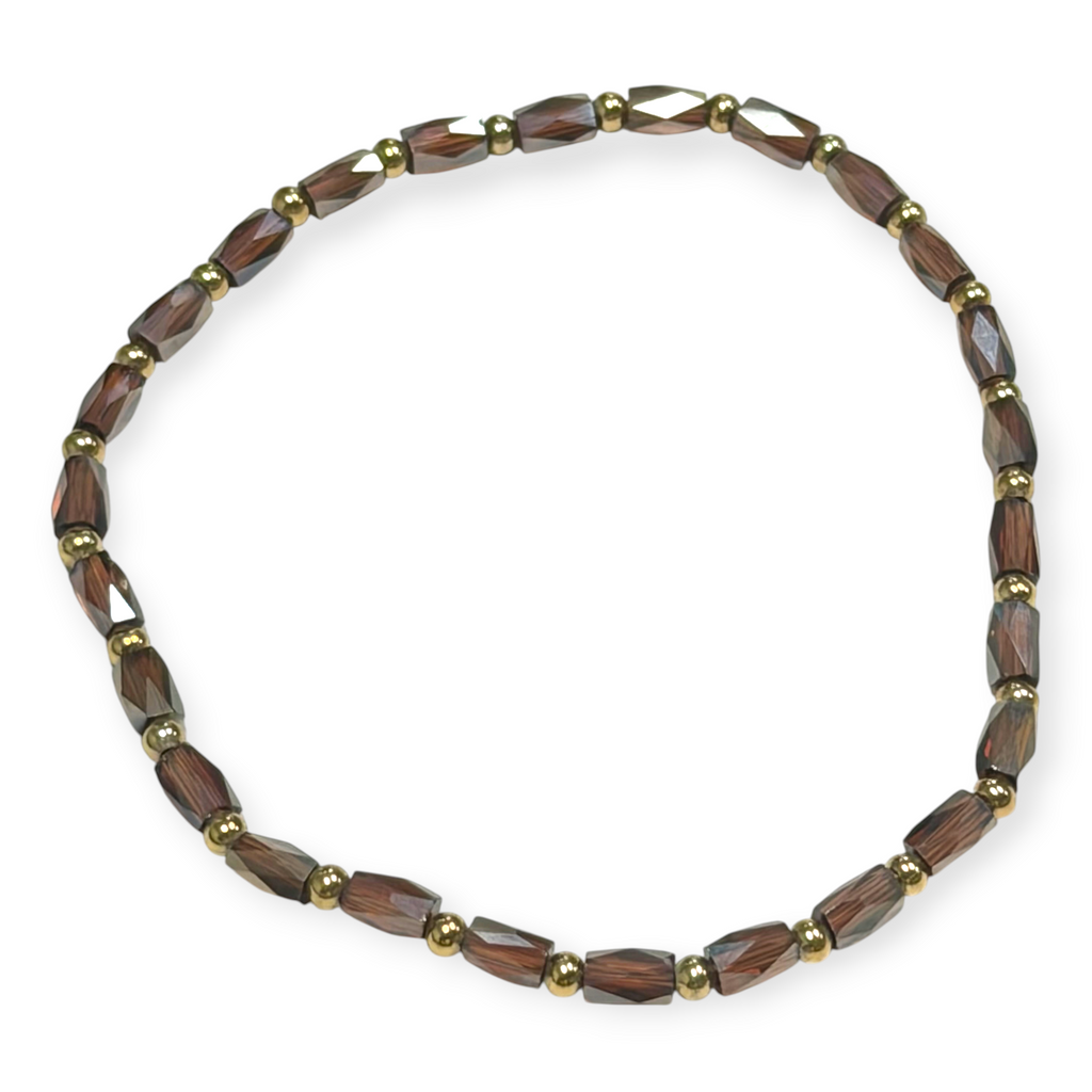 Mini Brown Iridescent Glass with Gold Tone Bead Bracelet