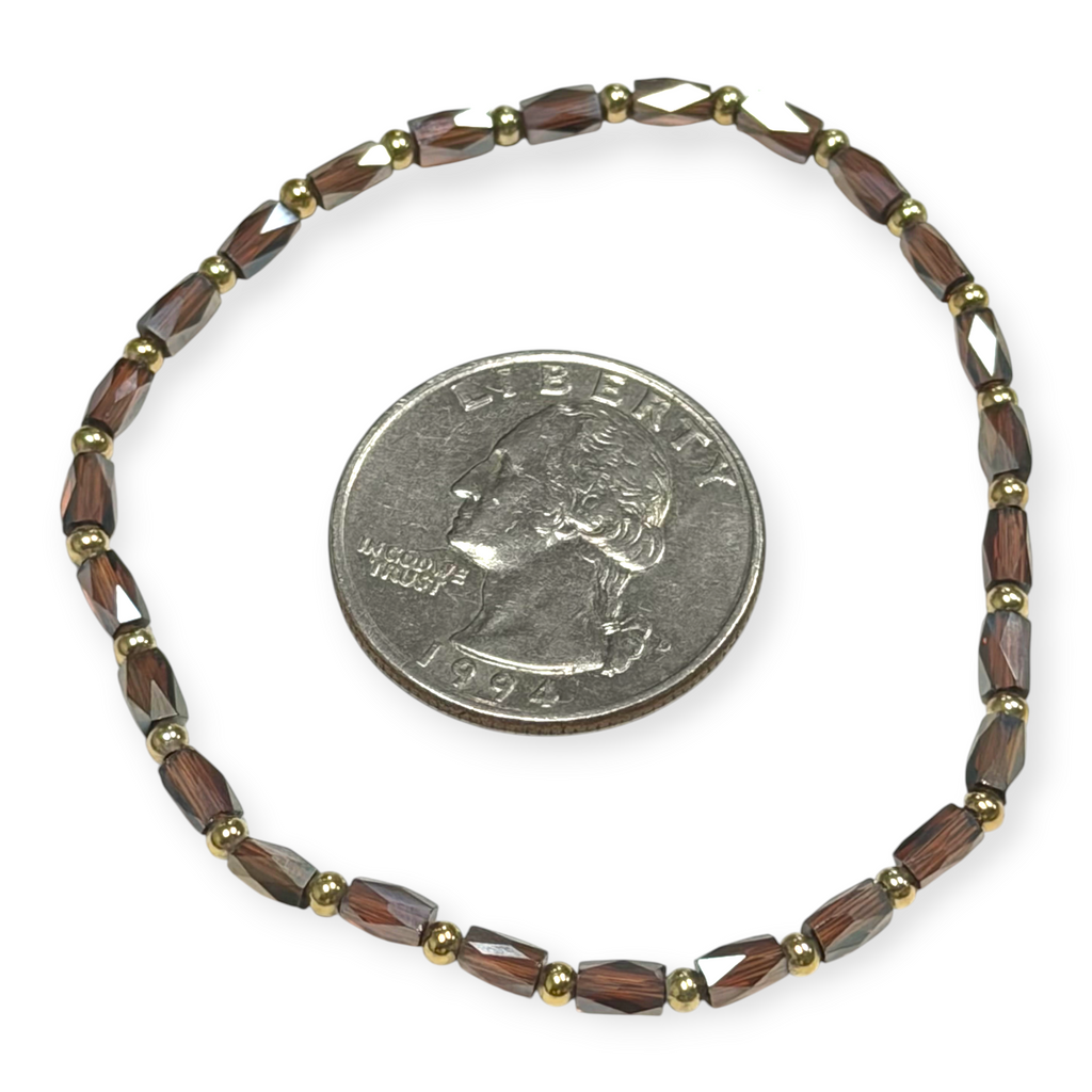 Mini Brown Iridescent Glass with Gold Tone Bead Bracelet