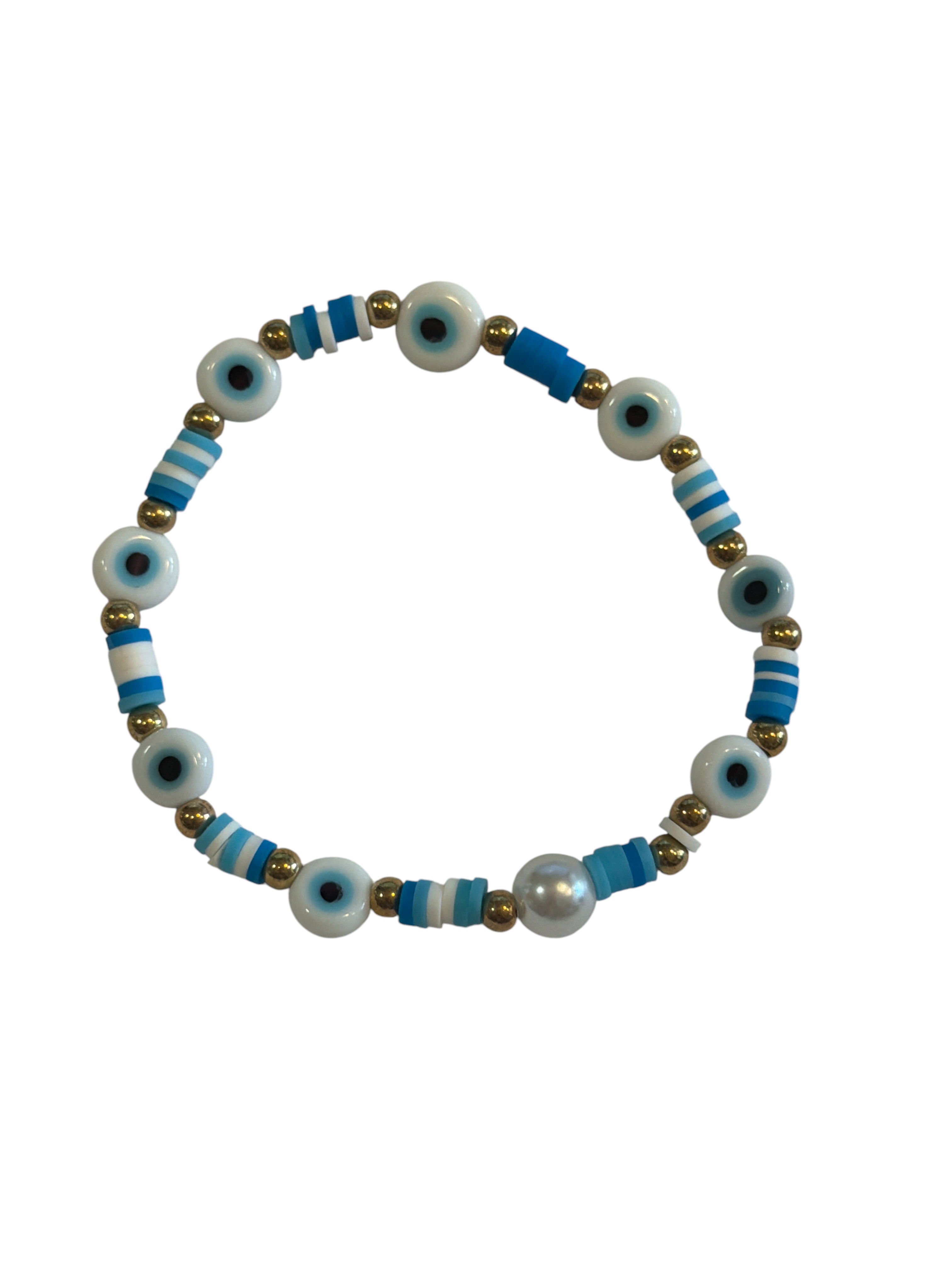 White/Blue Clay w/Pearl 4mm Evil Eye Bracelet