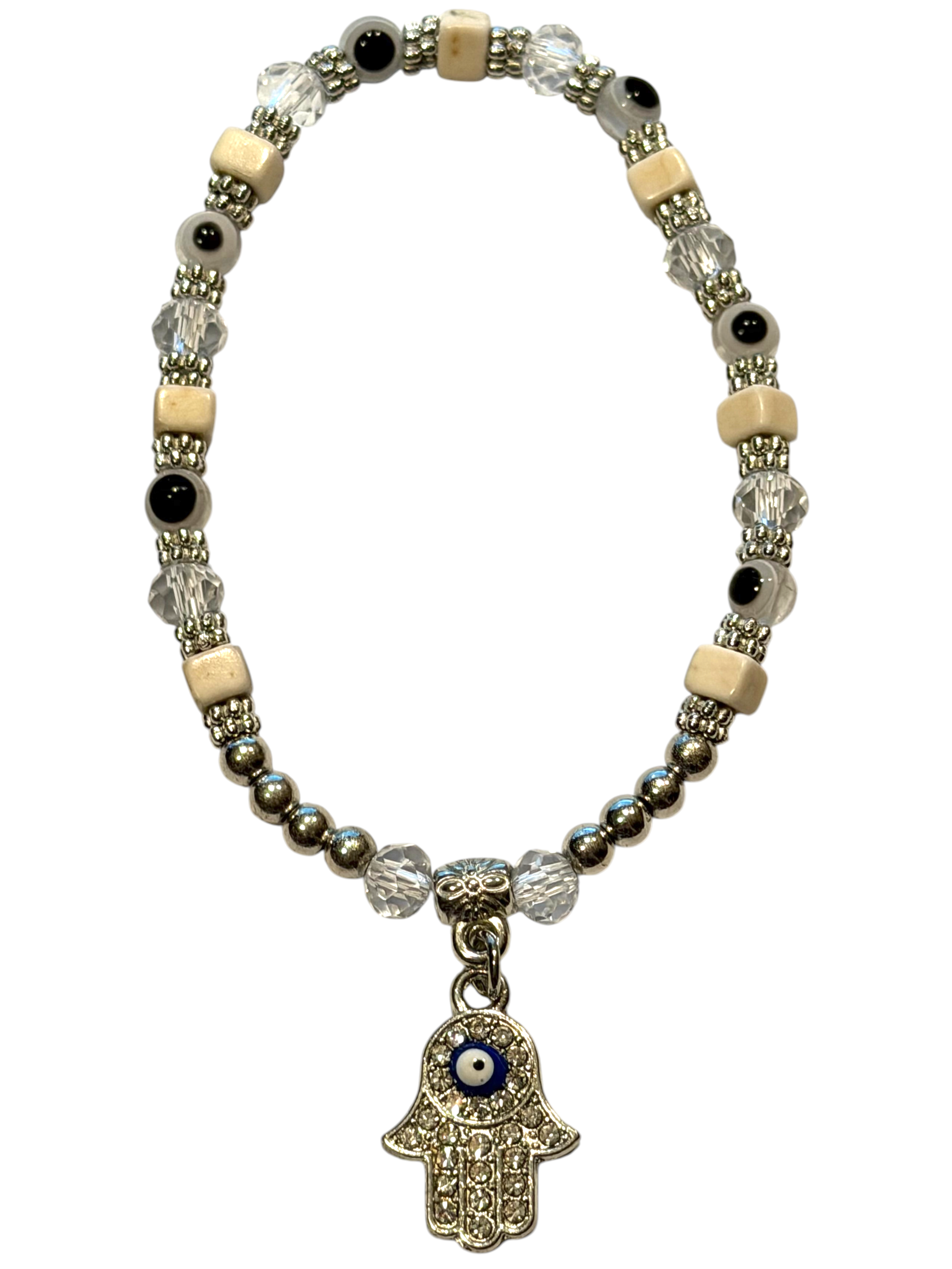 White w/Hamsa Charm 4mm Evil Eye Bracelet