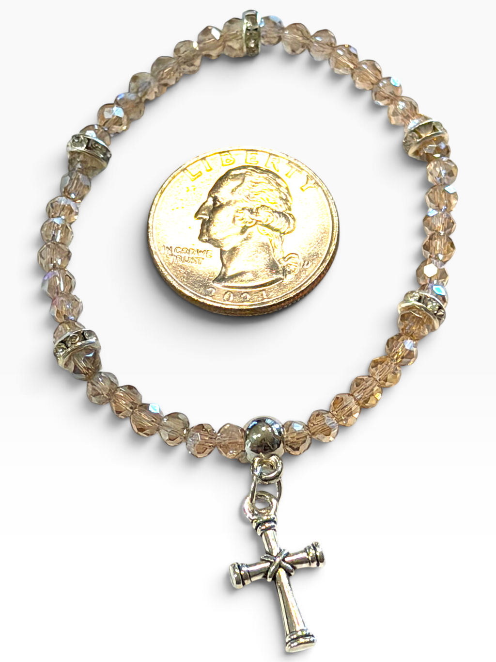 Light Champagne Iridescent w/Cross Charm 4mm Bracelet