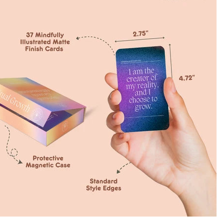 Dimensions image: Spiritual Growth Affirmations size guide showing 37 matte cards, 2.75 by 4.72 inches, and a magnetic case.