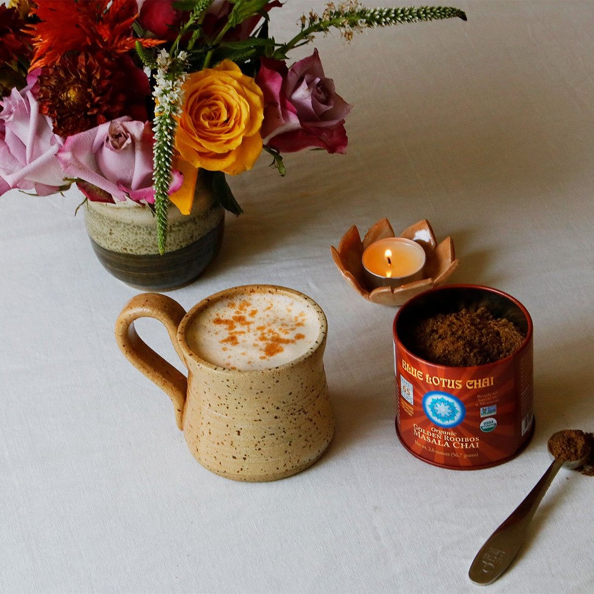 A frothy cup of Blue Lotus chai