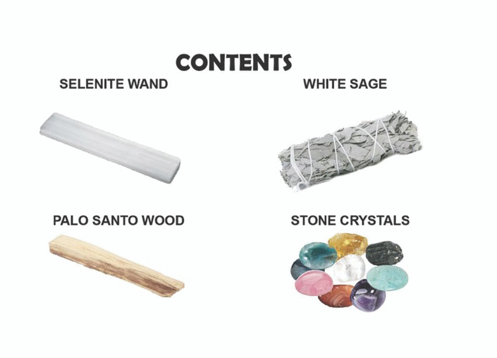 Energy Cleansing Smudge Kit contents: selenite wand, white sage, palo santo wood and crystal