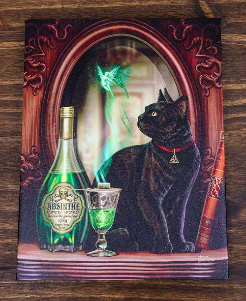 Absinthe Spirit Magical Potion Black Cat Canvas Framed Wall Art Wall Plaque - Lisa Parker - 7.5" W x 9.85"