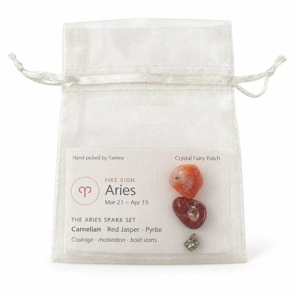 Aries crystal set with Carnelian, Red Jasper, Pyrite and zodiac card inside ivory organza bag