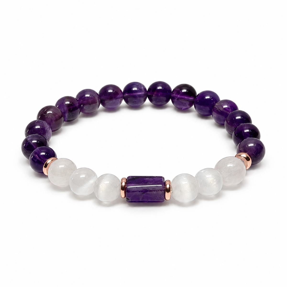 8mm Amethyst & Selenite with Cylinder Amethyst Bracelet